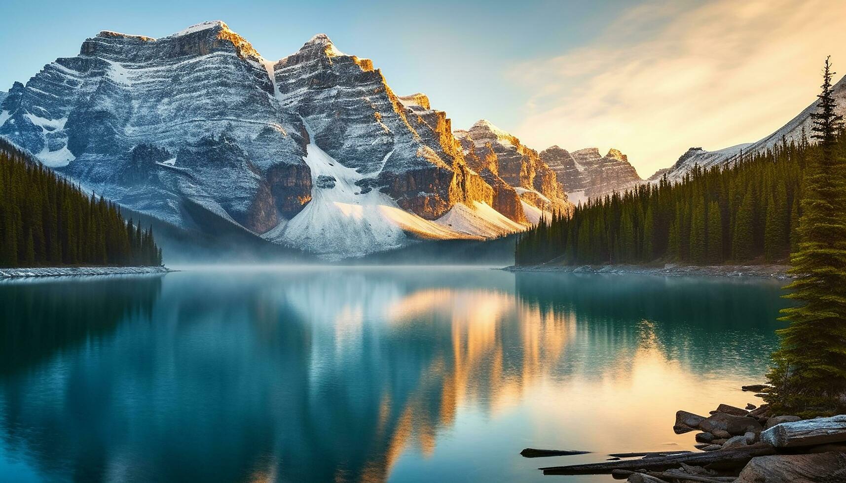 ai généré majestueux Montagne de pointe reflète dans tranquille moraine Lac généré par ai photo