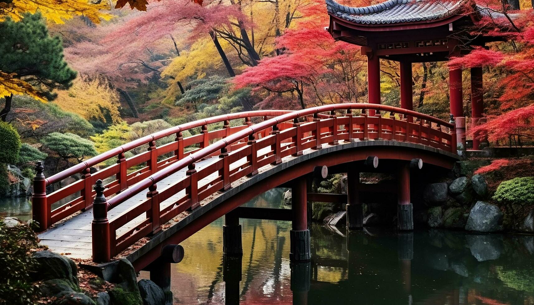 ai généré l'automne paysage, coloré des arbres, tranquille étang, ancien pavillon, généré par ai photo