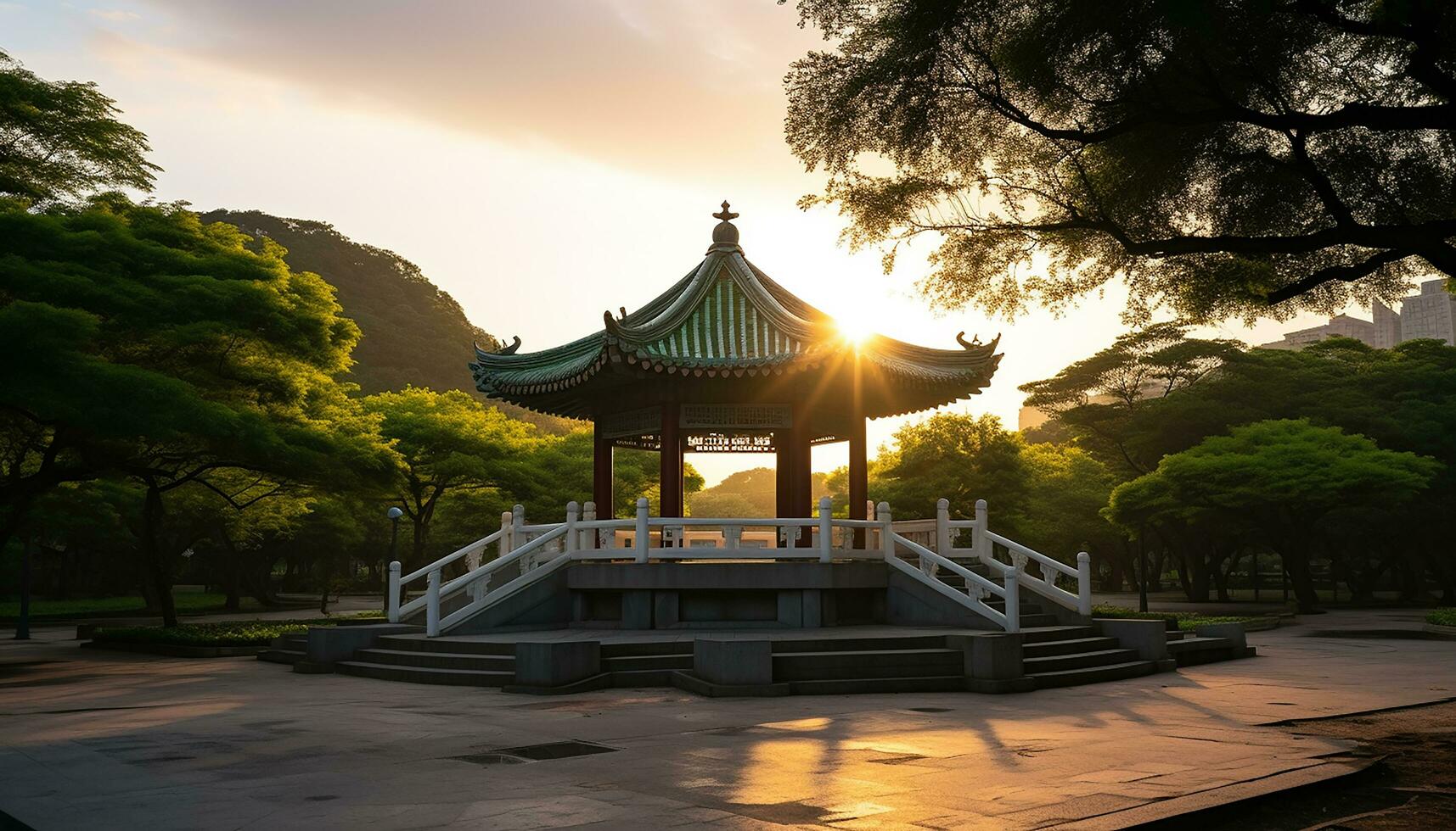 ai généré célèbre Pékin pagode, coucher de soleil, ancien architecture, chinois culture, généré par ai photo