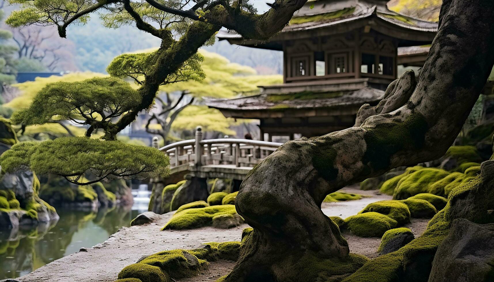 ai généré tranquille scène de ancien forêt, l'eau et pont, généré par ai photo