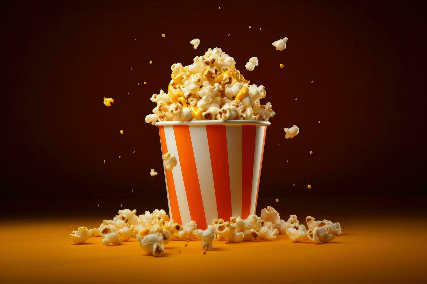 ai généré vue de 3d tasse de cinéma Popcorn, une seau de pop corn sur une rouge Contexte . ai généré photo