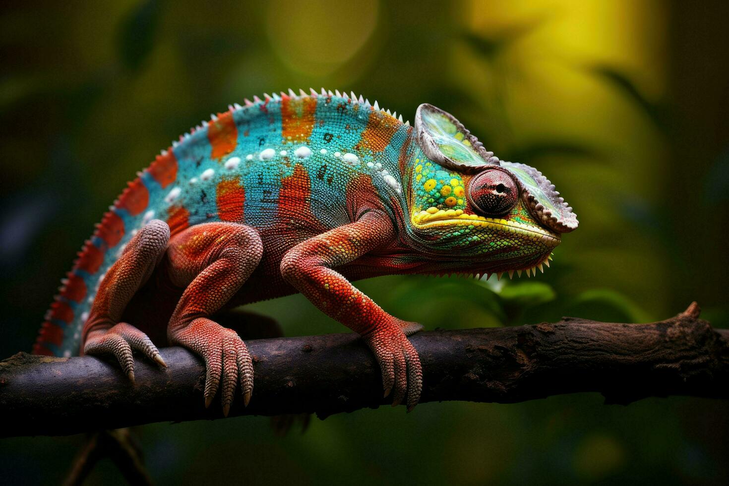 ai généré coloré caméléon sur une branche dans le forêt, proche en haut de brillant caméléon sur le branche sur foncé arrière-plan, ai généré photo