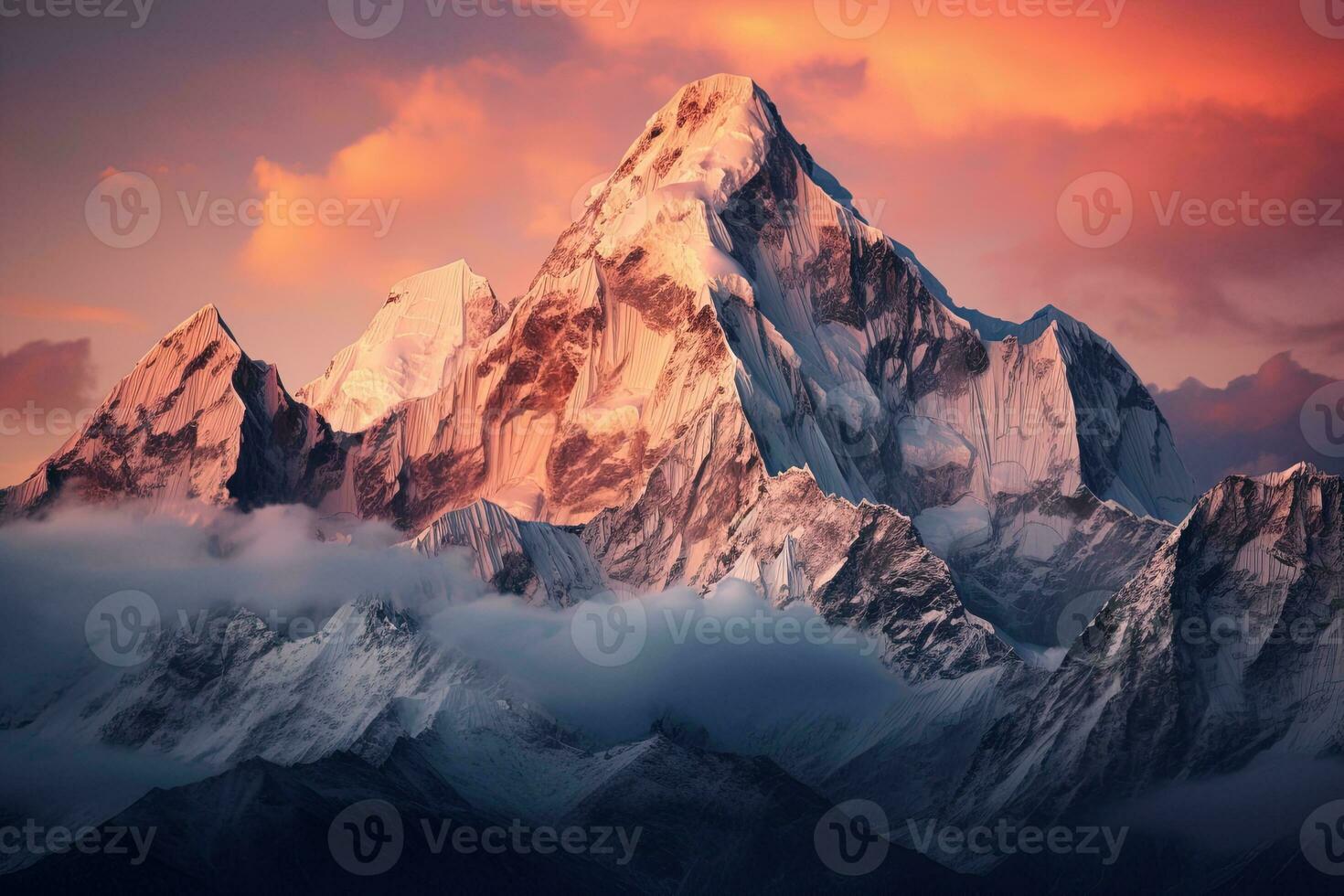 ai généré neige plafonné Montagne pics dans le des nuages à une lever du soleil ou le coucher du soleil photo