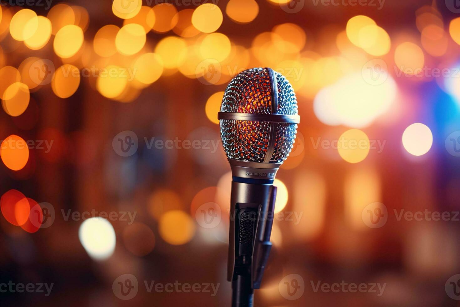 ai généré proche en haut de une microphone contre une brillant Contexte de embrasé bokeh points photo