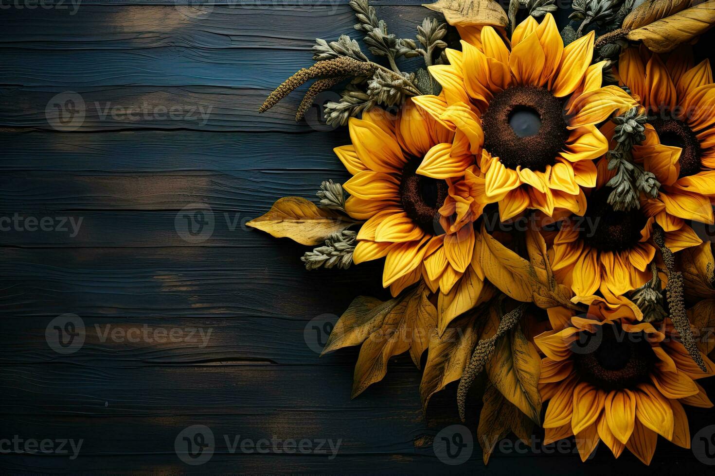 ai généré magnifique bouquet de tournesols sur une noir en bois table Haut voir, floral Contexte plat allonger avec copie espace photo