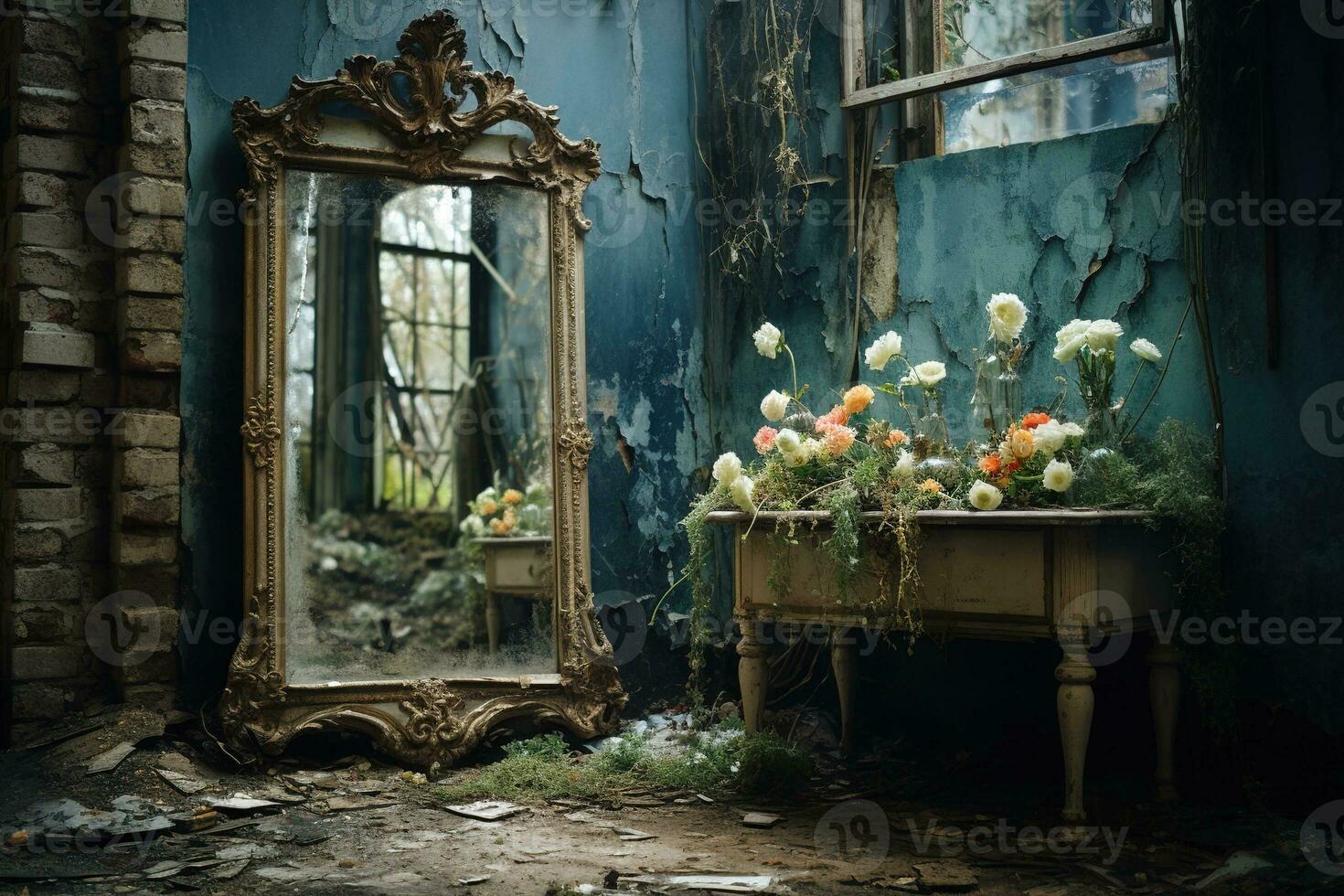 ai généré vieux luxe miroir dans un abandonné maison photo