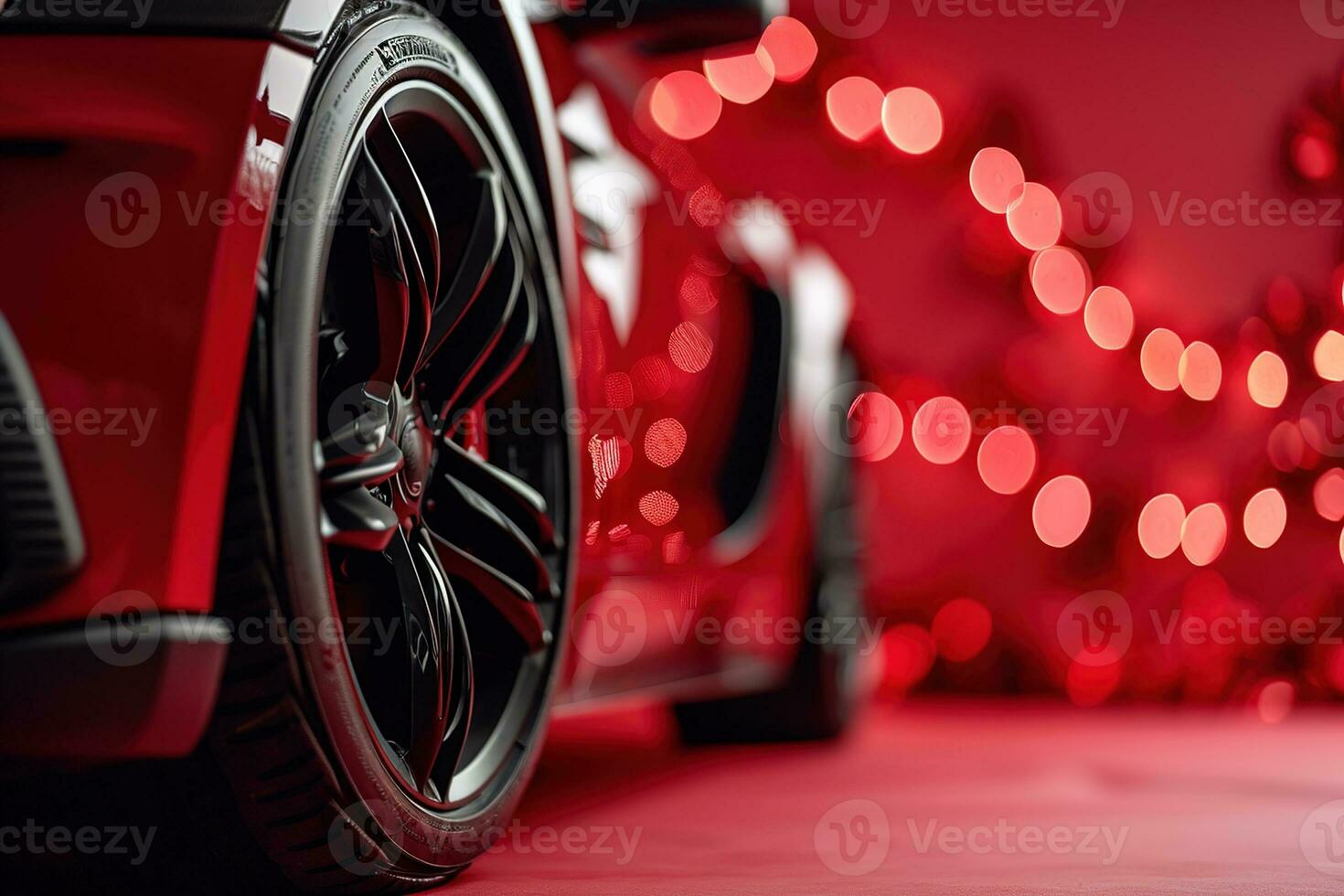 ai généré bas vue de une luxe rouge voiture avec Nouveau pneus sur noir jantes sur une flou Contexte de rouge des ballons photo