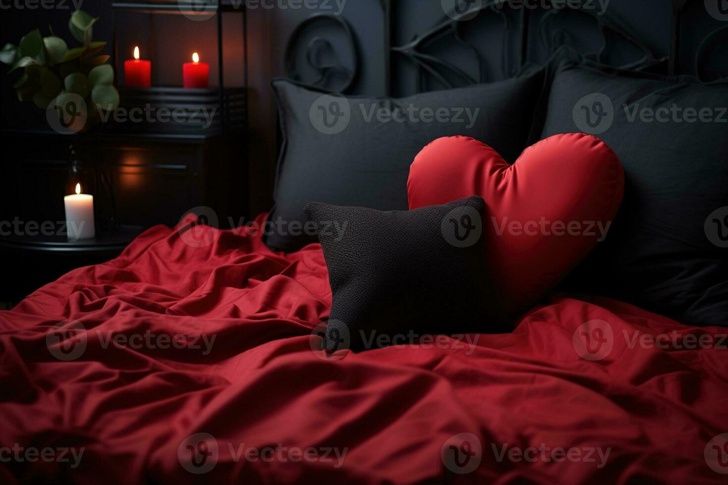 ai généré rouge cœur en forme de oreiller sur noir et rouge soie lit dans chambre avec bougies photo