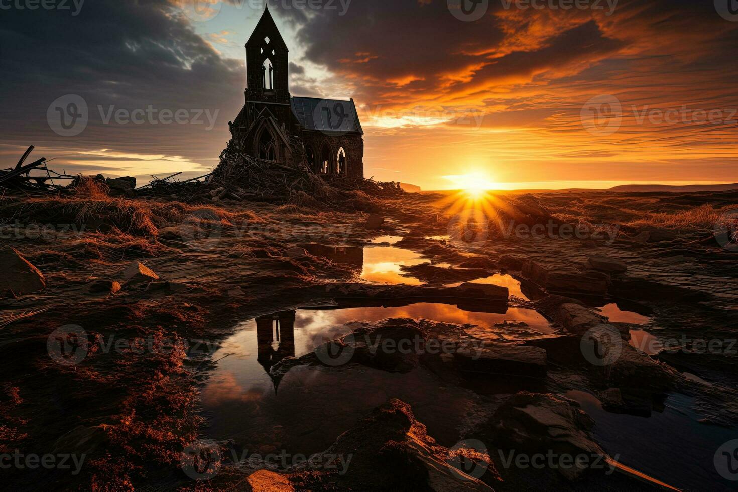 ai généré paysage avec une solitaire ruiné abandonné église à le coucher du soleil photo