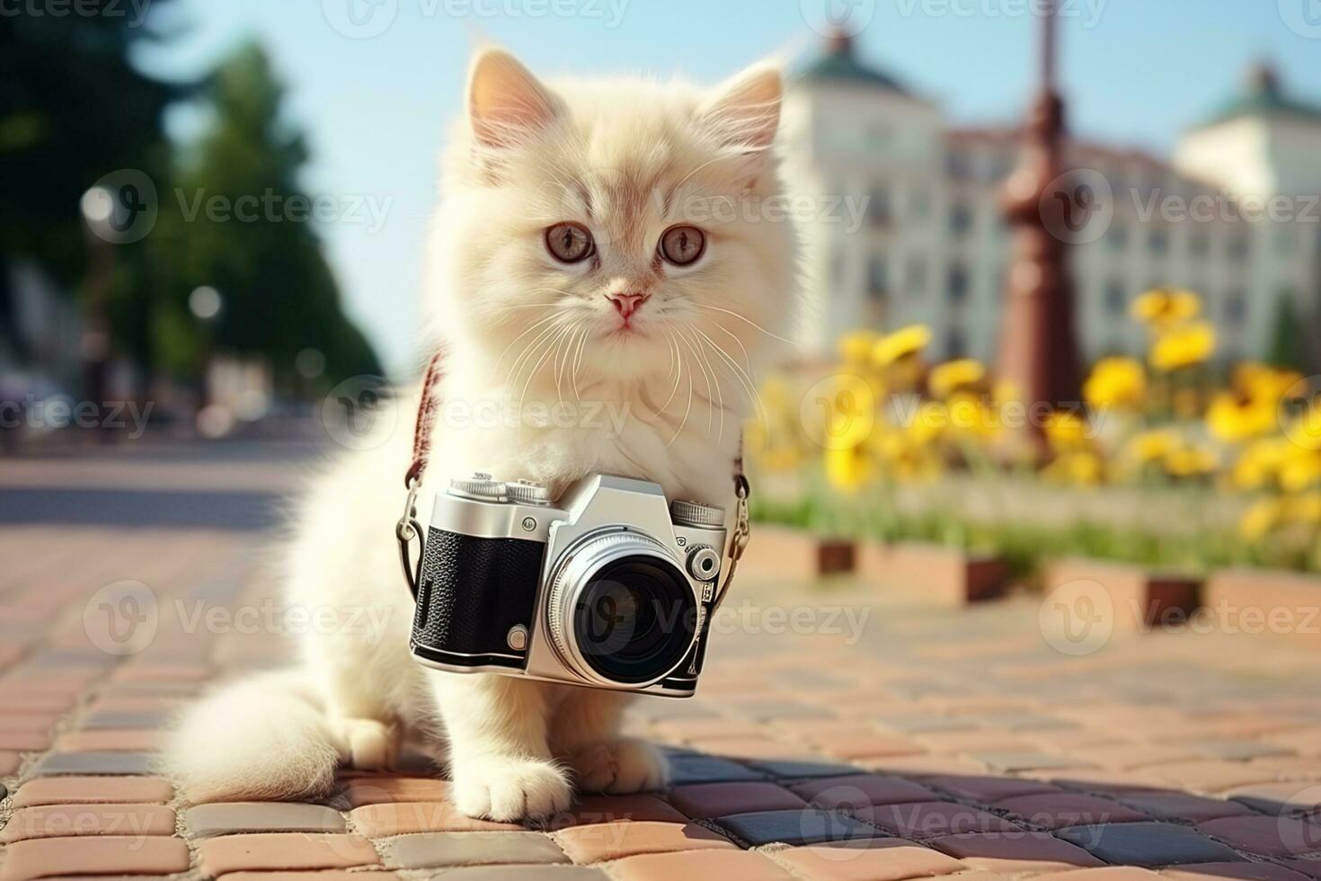 ai généré blanc chat avec une rétro caméra sur une ville rue dans ensoleillé journée photo