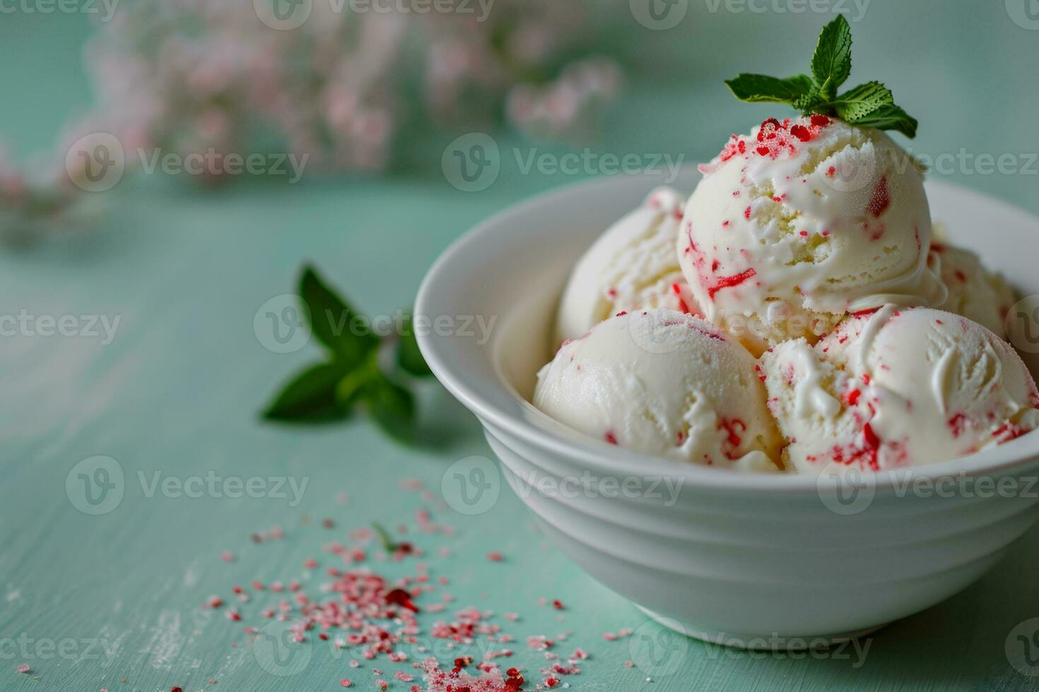 ai généré la glace crème avec menthe poivrée dans une blanc bol sur une vert Contexte. génératif ai photo