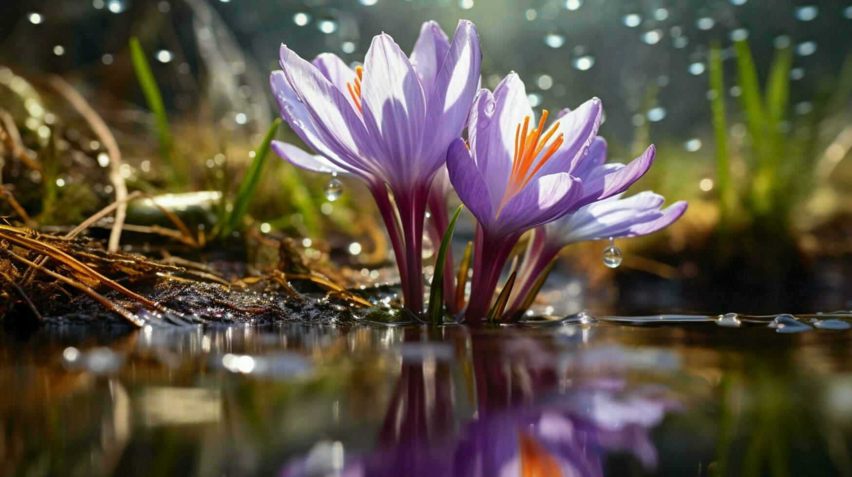 ai généré vibrant crocus fleur dans humide herbe reflétant beauté photo