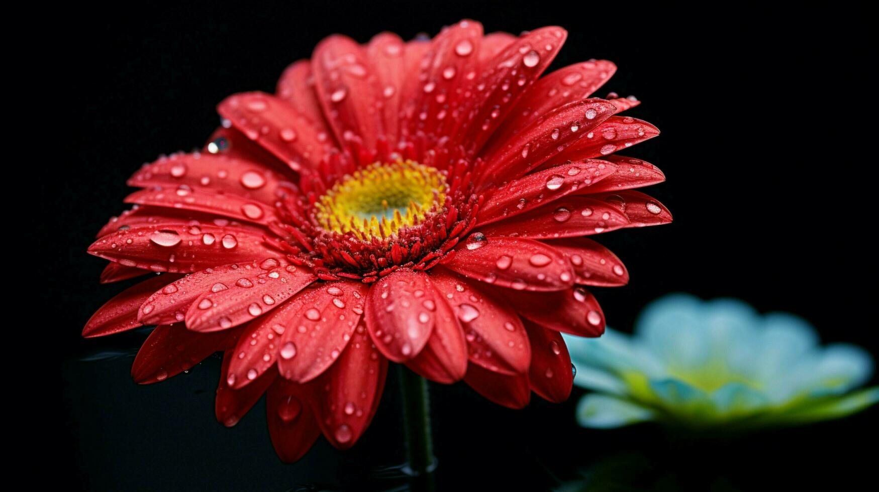 ai généré vibrant gerbera Marguerite dans humide proche en haut foncé Contexte photo