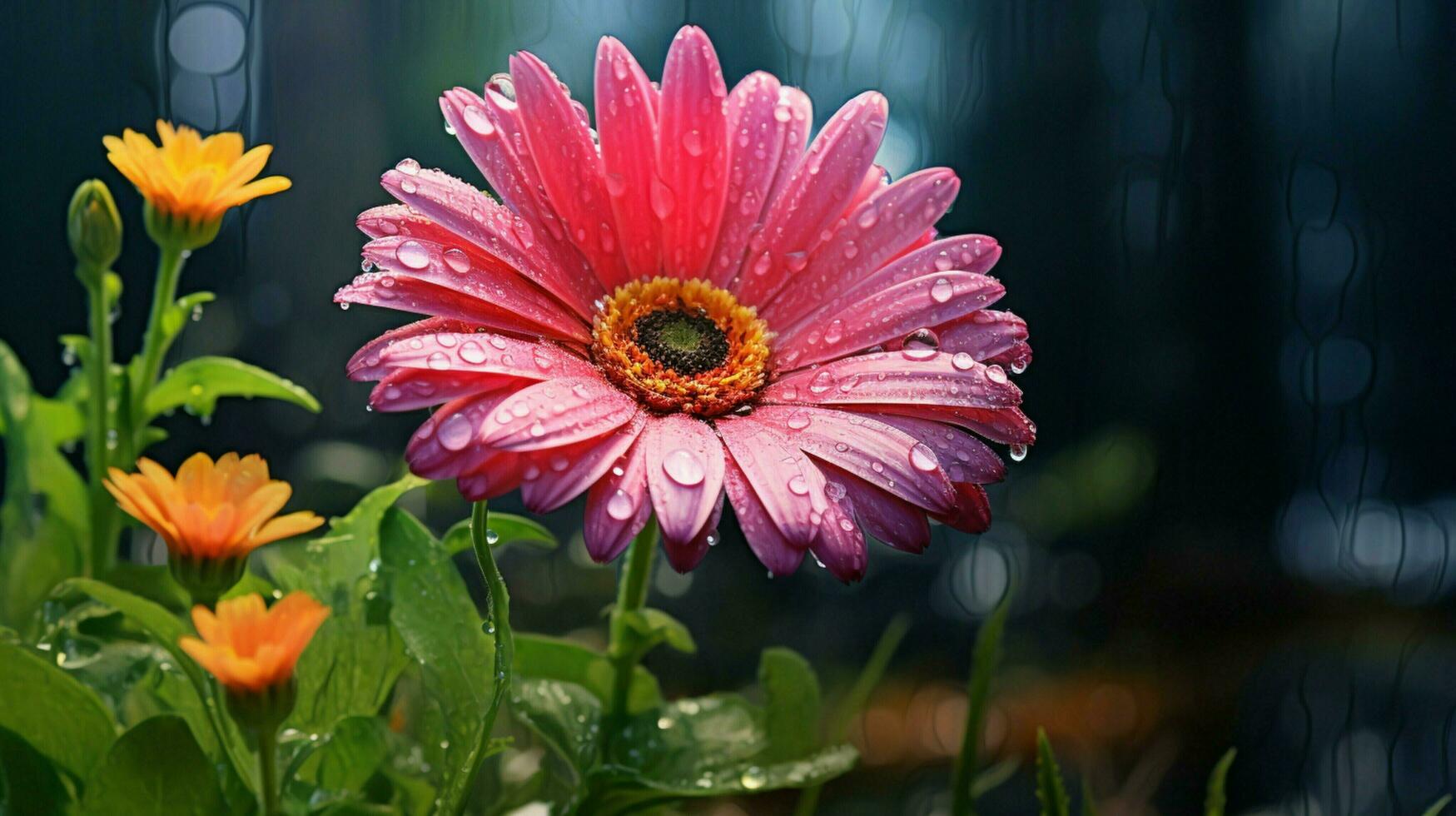 ai généré vibrant gerbera Marguerite dans humide Prairie capture beauté photo