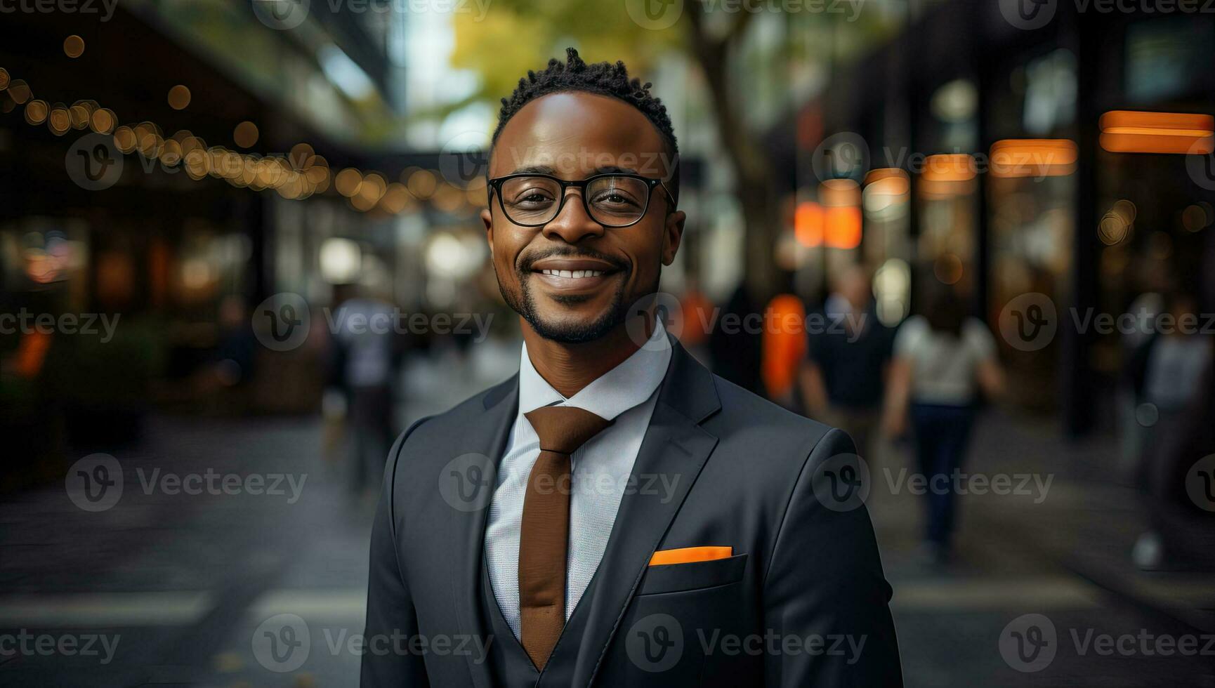 ai généré portrait de une souriant africain américain homme d'affaire portant des lunettes dans le ville. ai généré. photo