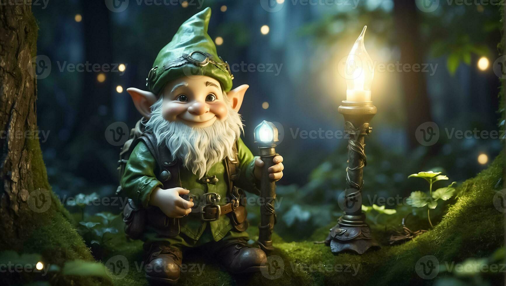 ai généré mignonne marrant dessin animé gnome avec une lampe de poche dans le forêt photo