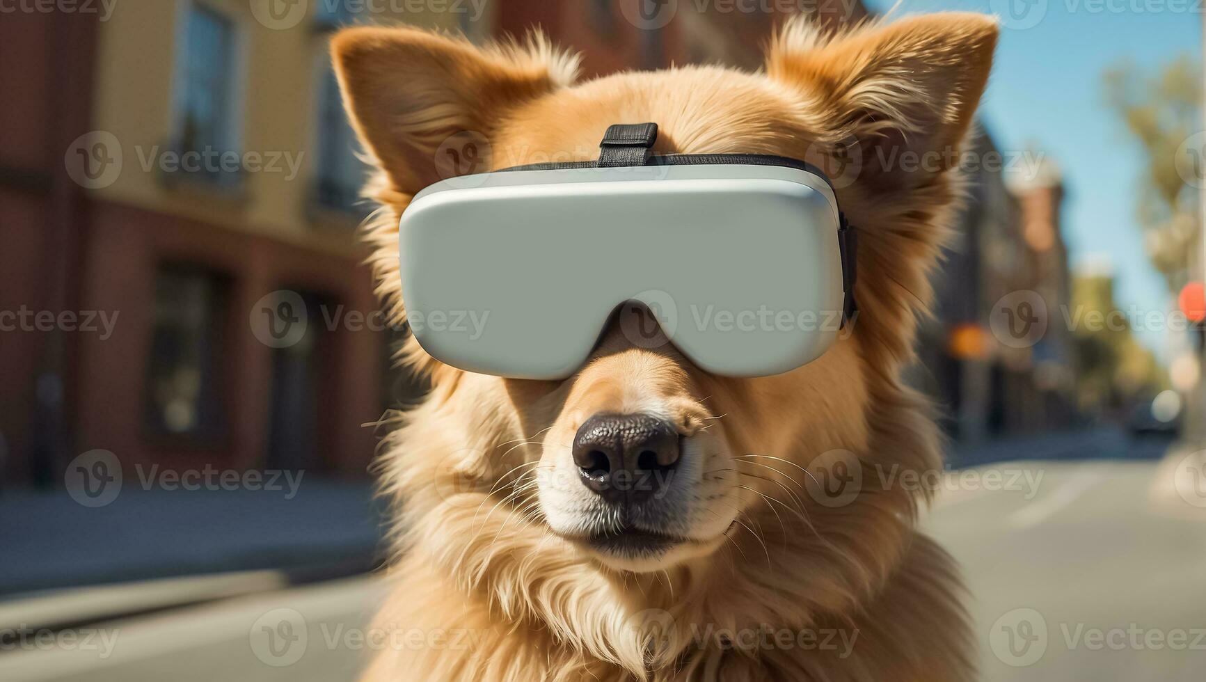 ai généré mignonne chien portant virtuel réalité des lunettes sur le rue photo