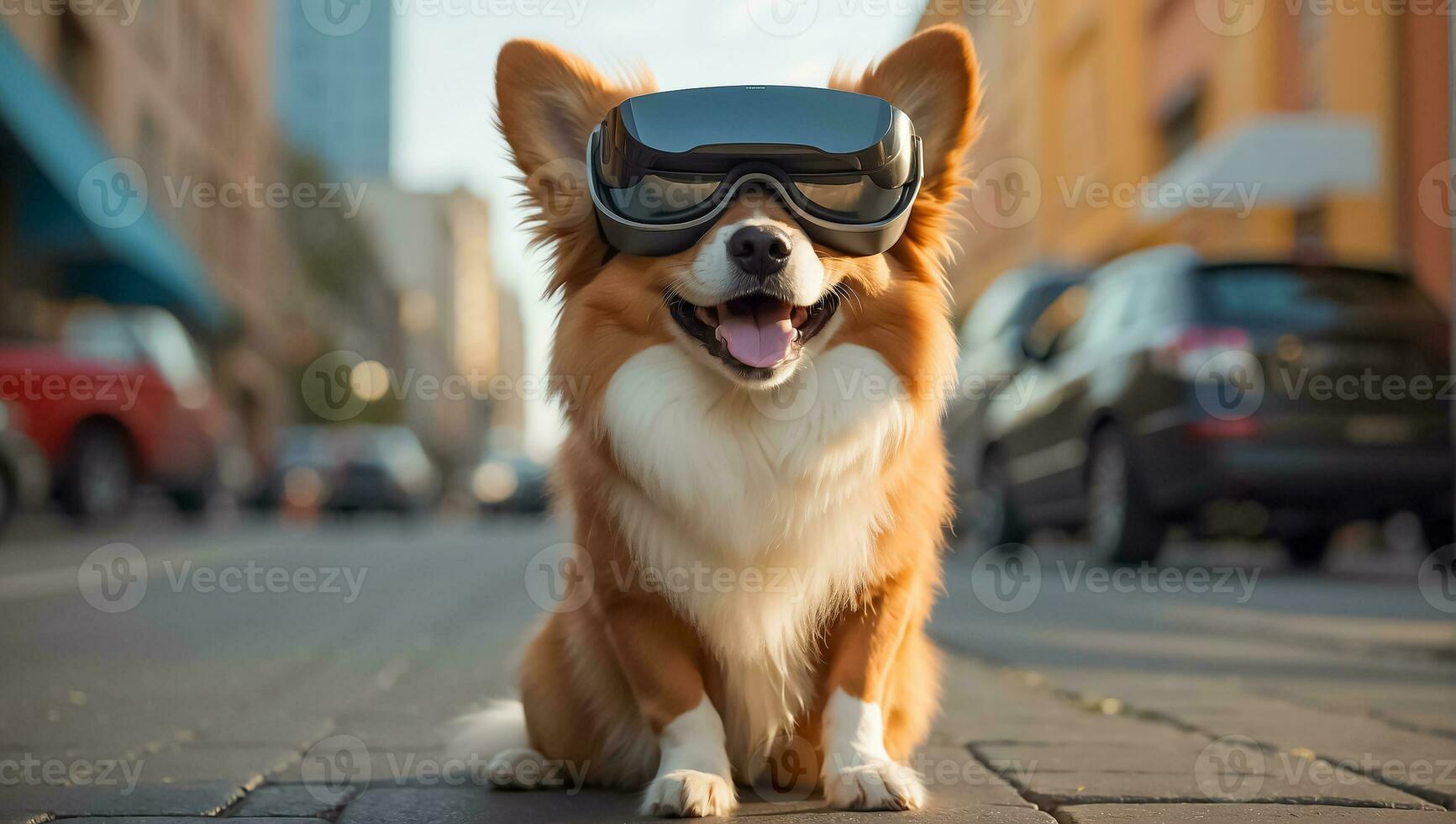 ai généré mignonne chien portant virtuel réalité des lunettes sur le rue photo