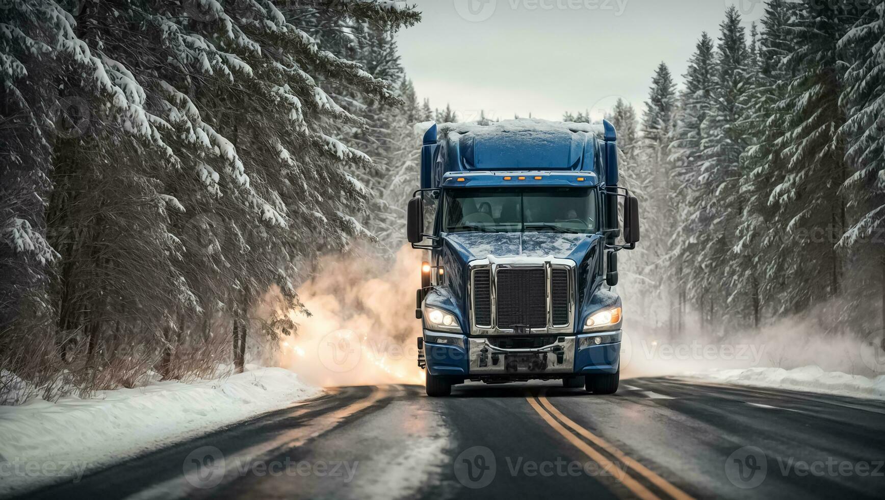ai généré un camion conduite le long de une neigeux route pendant le journée photo