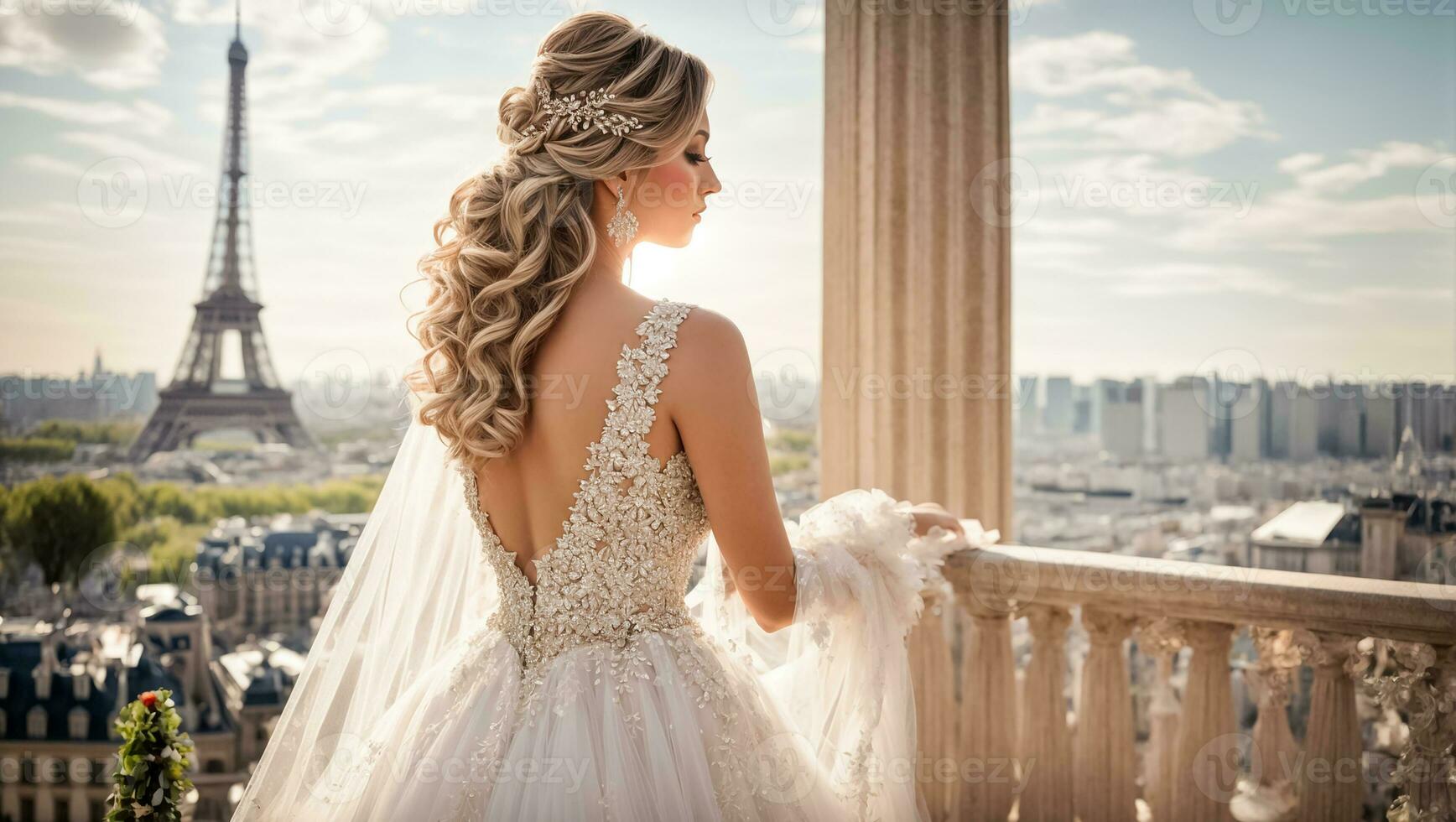 ai généré magnifique fille dans une blanc demoiselle d'honneur robe contre le Contexte de le Eiffel la tour photo