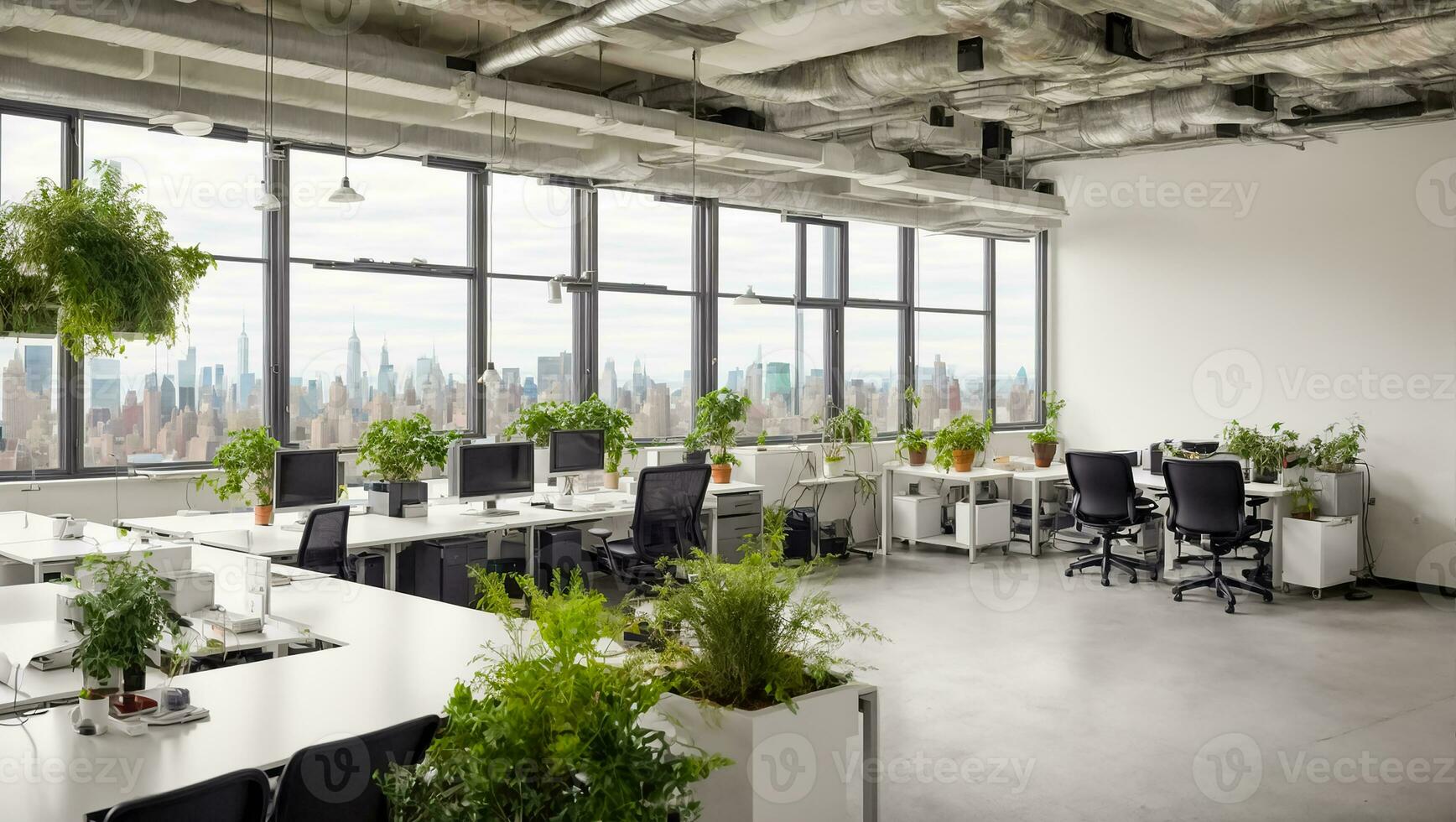 ai généré vide Bureau avec pots de fleurs photo