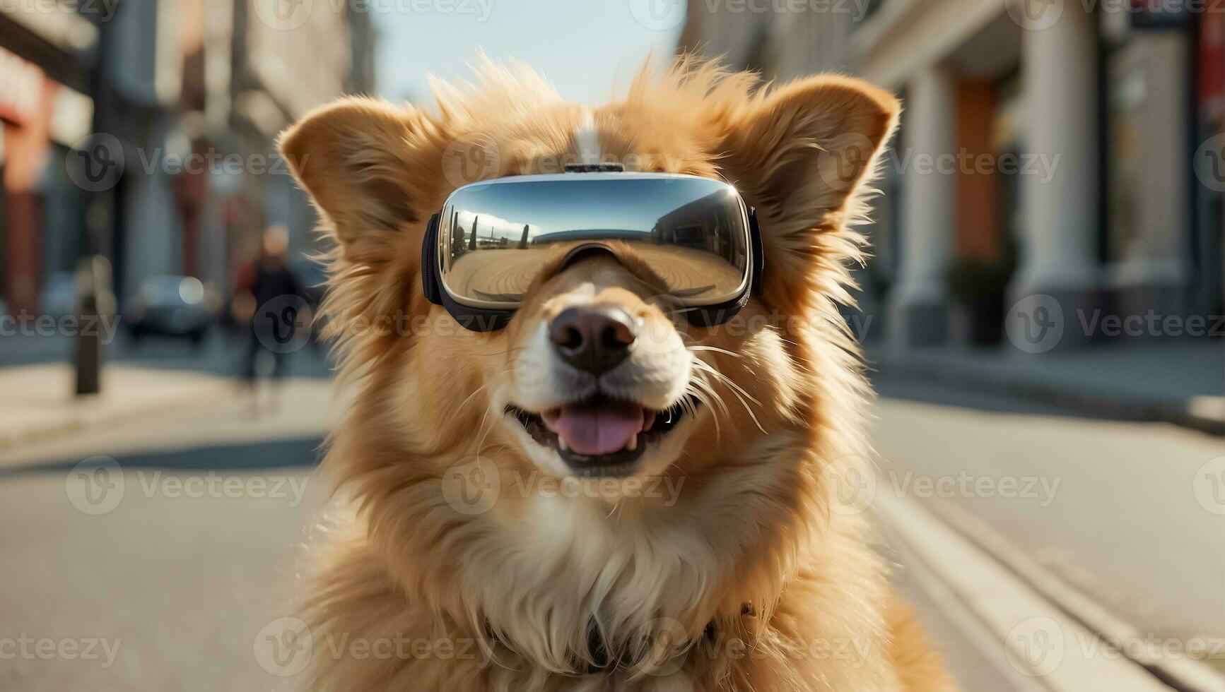 ai généré mignonne chien portant virtuel réalité des lunettes sur le rue photo