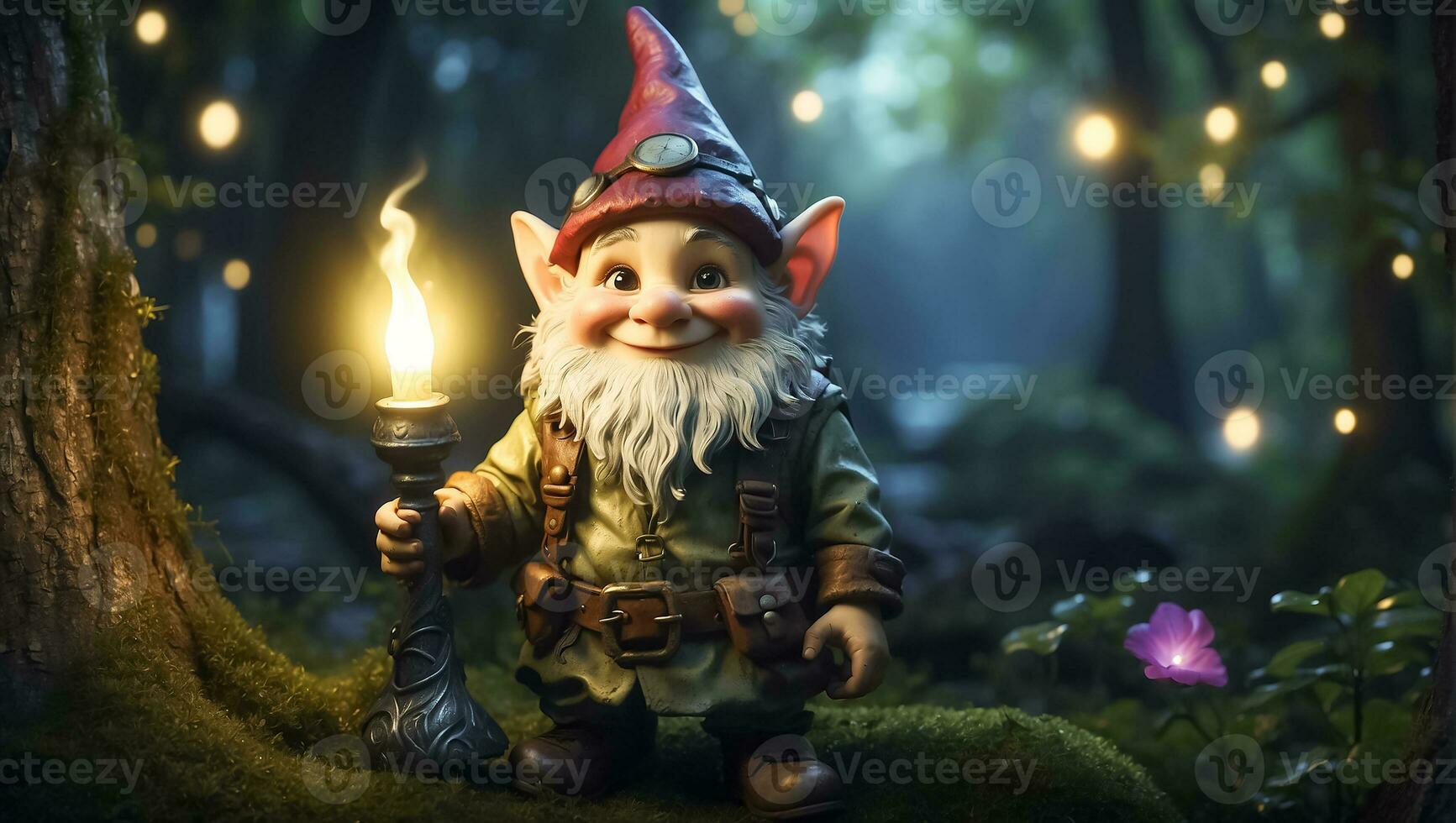 ai généré mignonne marrant dessin animé gnome avec une lampe de poche dans le forêt photo