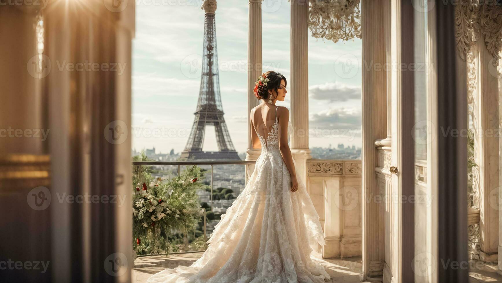 ai généré magnifique fille dans une blanc demoiselle d'honneur robe contre le Contexte de le Eiffel la tour photo