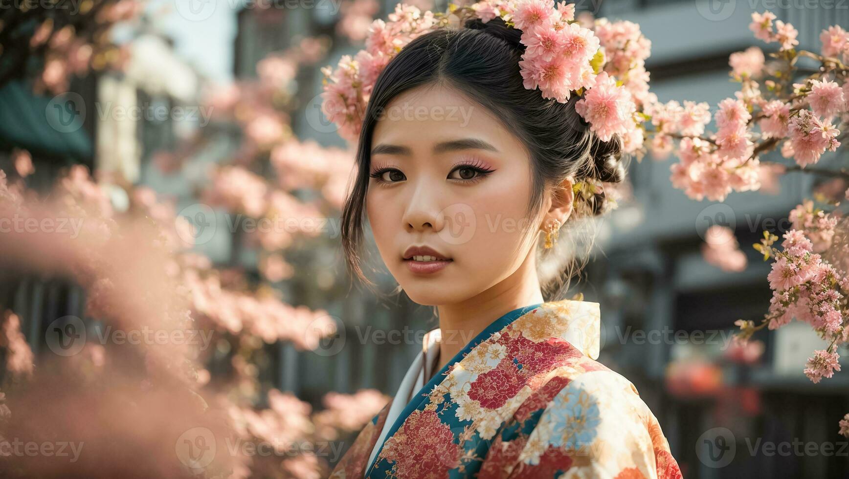 ai généré portrait de une magnifique Japonais fille, fleur photo
