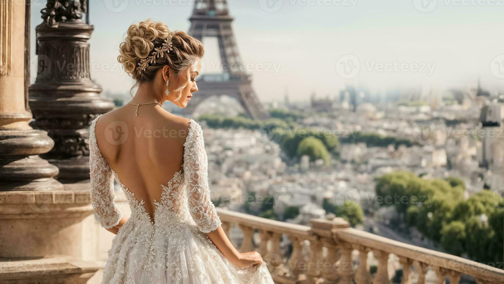 ai généré magnifique fille dans une blanc demoiselle d'honneur robe contre le Contexte de le Eiffel la tour photo