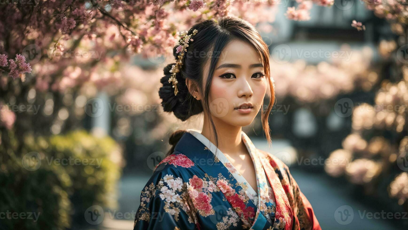 ai généré portrait de une magnifique Japonais fille, fleur photo