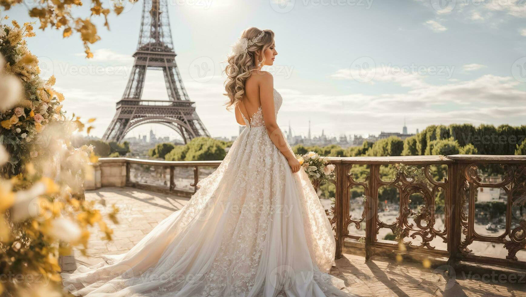 ai généré magnifique fille dans une blanc demoiselle d'honneur robe contre le Contexte de le Eiffel la tour photo