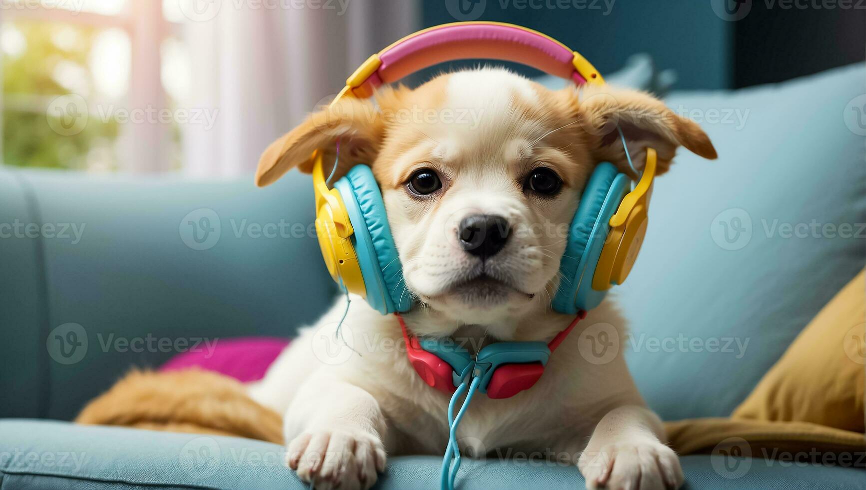 ai généré mignonne chien portant écouteurs dans le pièce photo