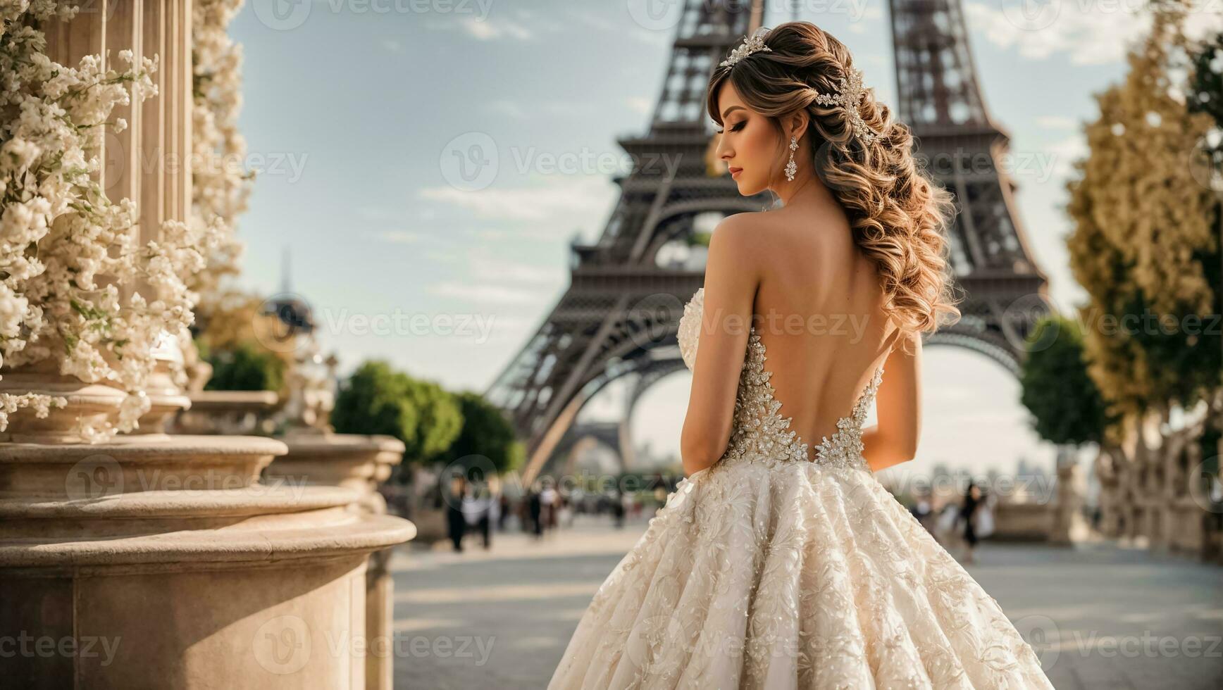 ai généré magnifique fille dans une blanc demoiselle d'honneur robe contre le Contexte de le Eiffel la tour photo