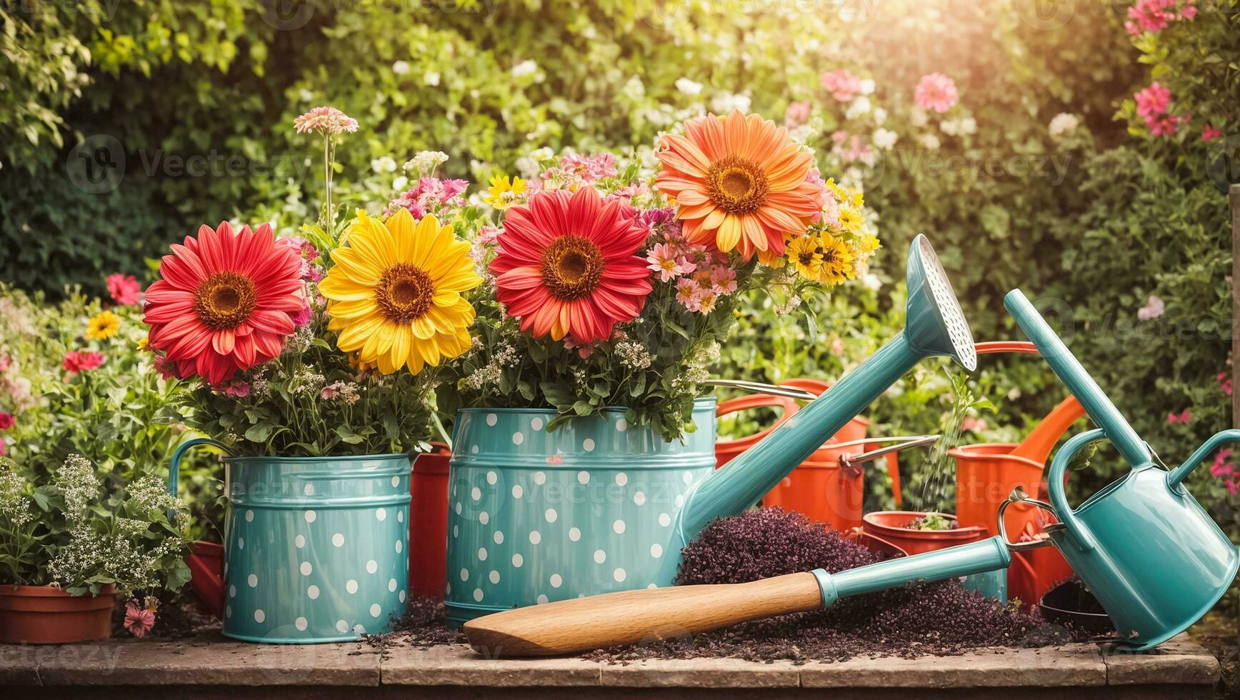 ai généré coloré arrosage pouvez avec fleurs dans le été jardin photo