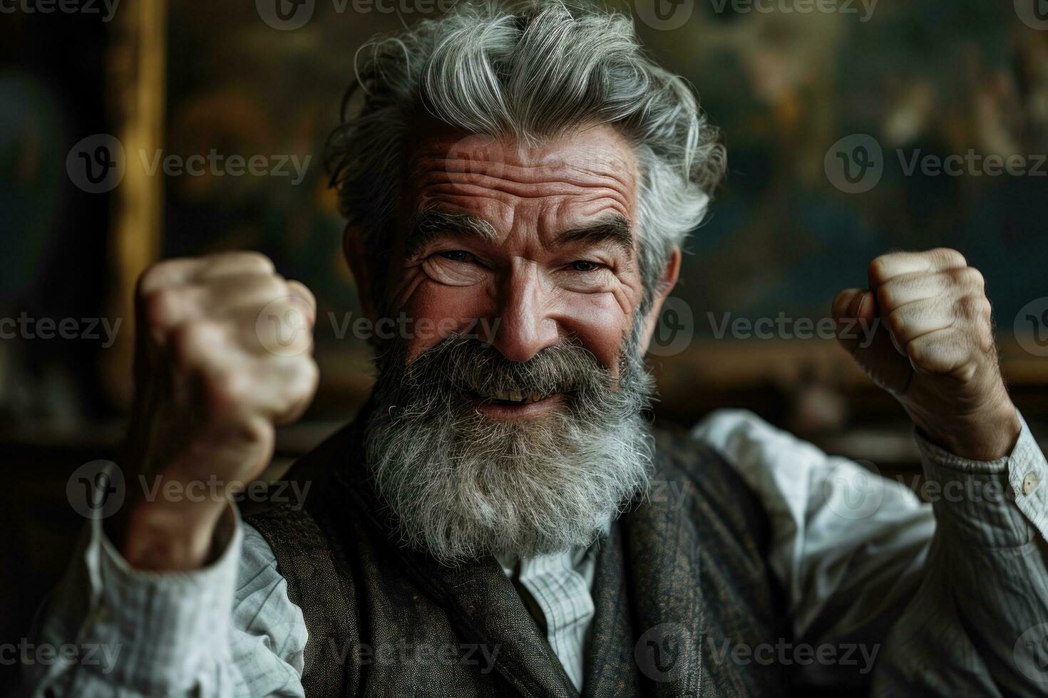 ai généré une joyeux plus âgée homme avec une barbe fête avec élevé poings, actif les personnes âgées mode de vie images photo