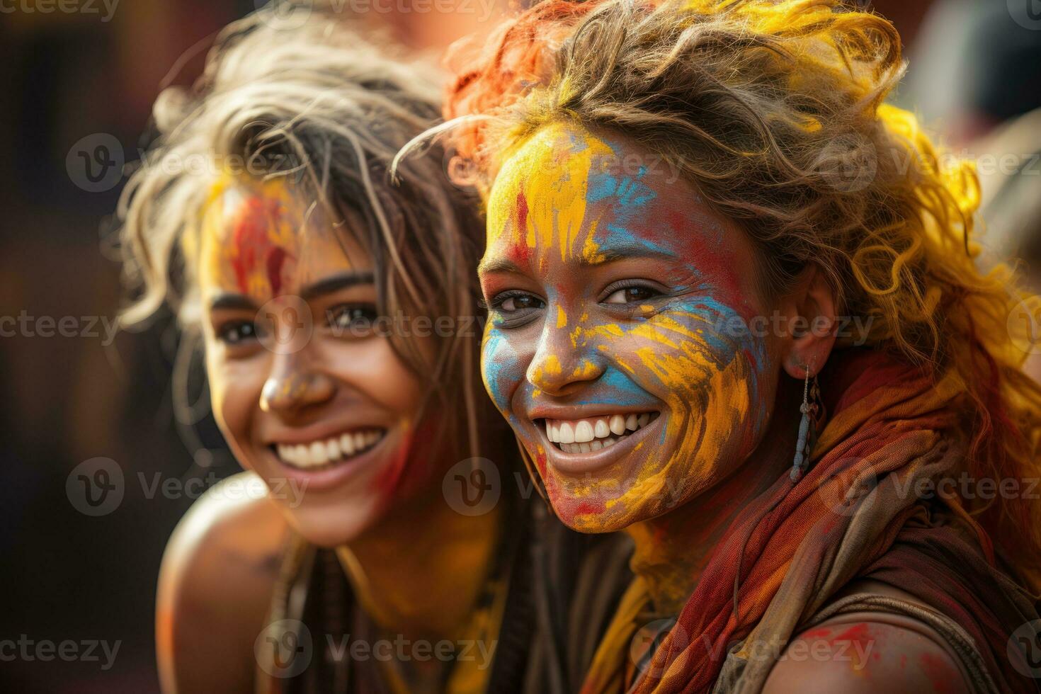 ai généré deux femmes orné dans visage peindre, Holi Festival images HD photo