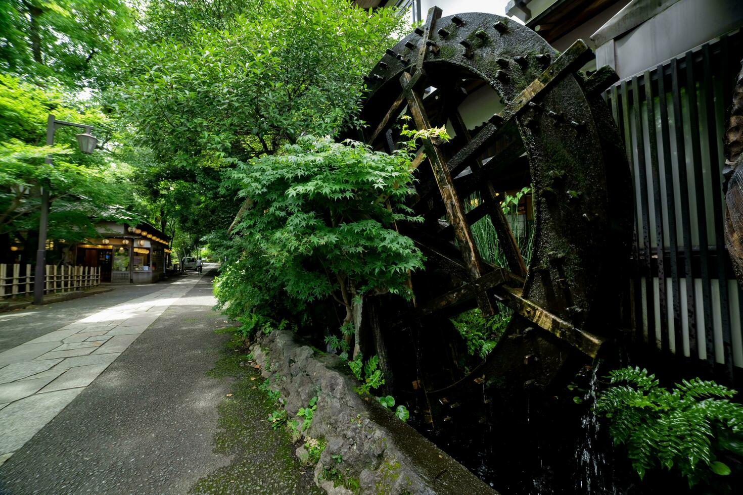 une historique en bois roue sur le l'eau surface dans tokyo large coup photo