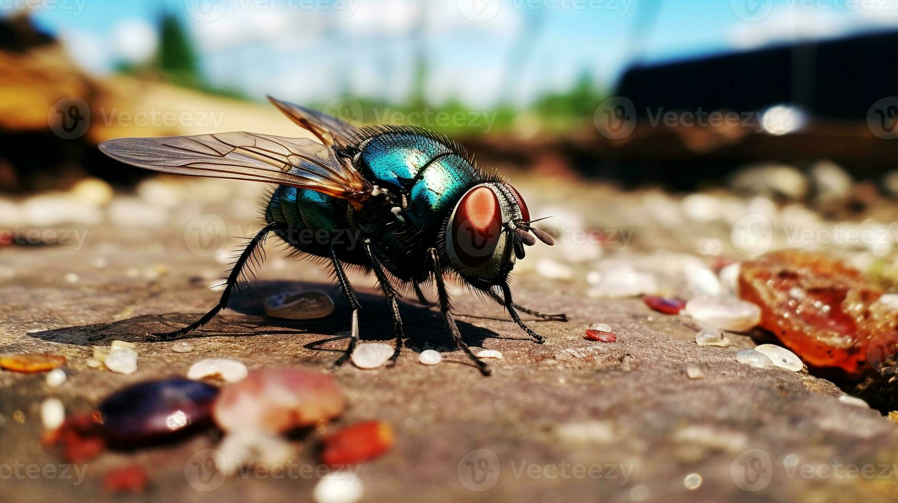 ai généré photo de mouche bleue mouche sur une sol. génératif ai