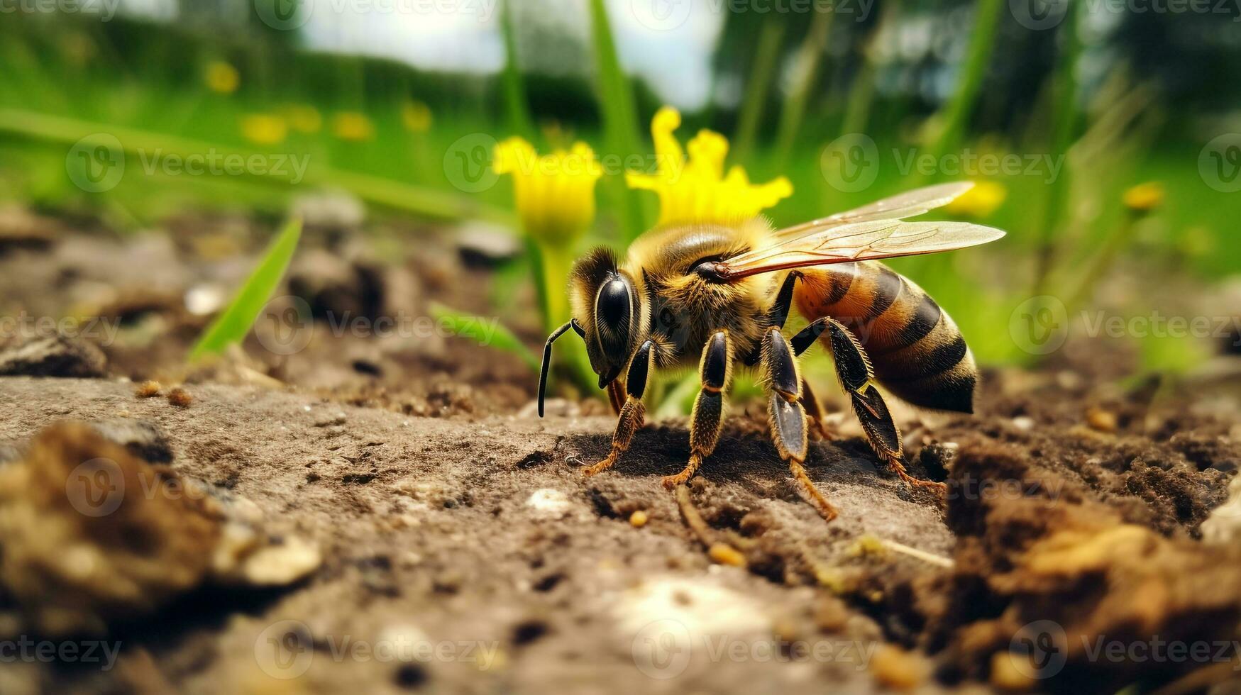 ai généré photo de abeille sur une sol. génératif ai