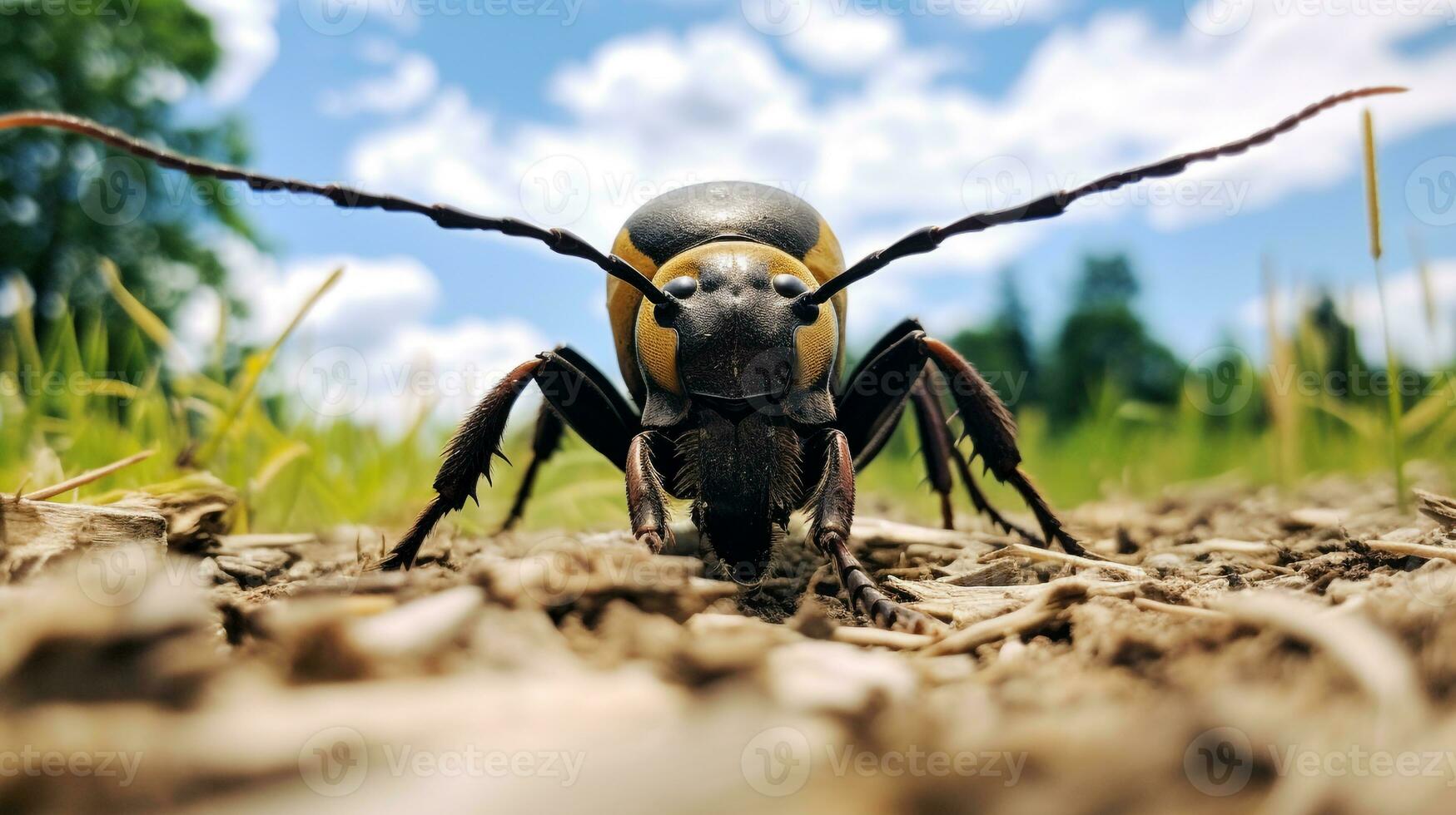 ai généré photo de à longues cornes scarabée sur une sol. génératif ai