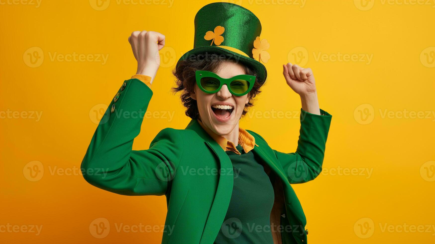 ai généré st patrick's journée fête avec une Jeune femme dans vert costume et lutin chapeau photo