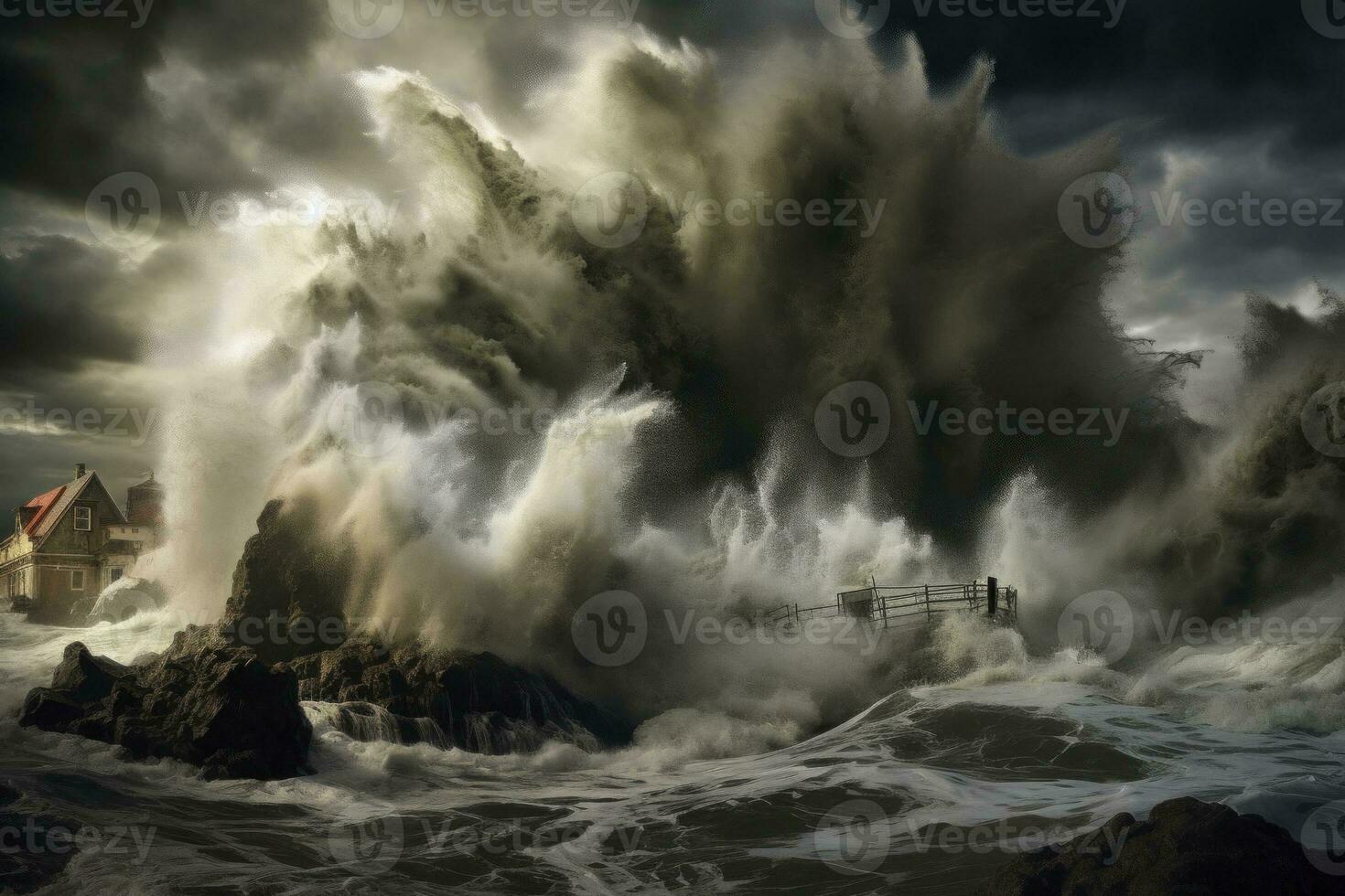 ai généré orage et orage le long de le côte, cette photo vitrines le intense Puissance de la nature