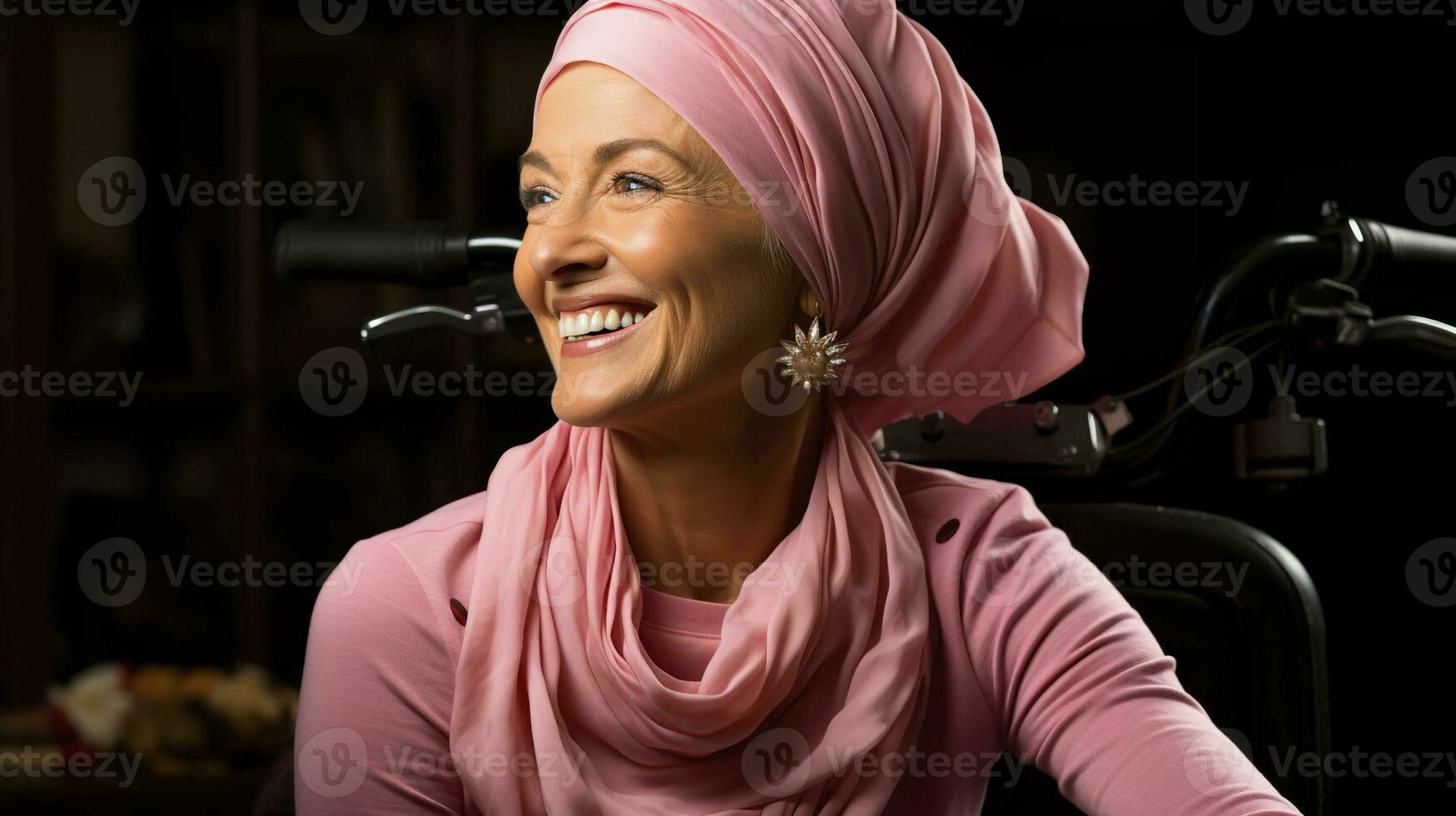 ai généré une résilient femme, bravement se battre cancer, orné dans une foulard, navigue la vie avec la grâce et force photo