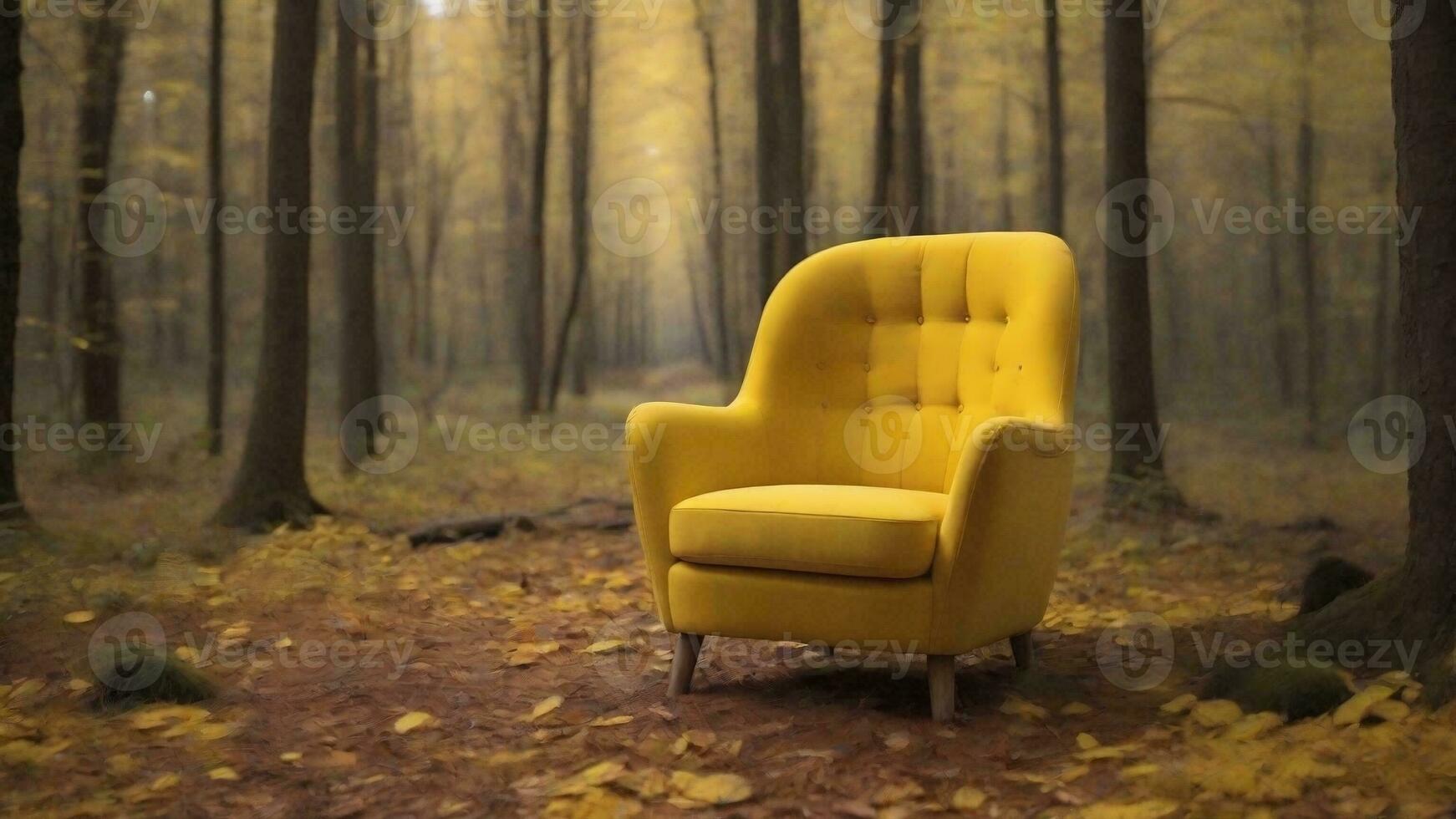 ai généré Jaune fauteuil dans le milieu de le forêt photo