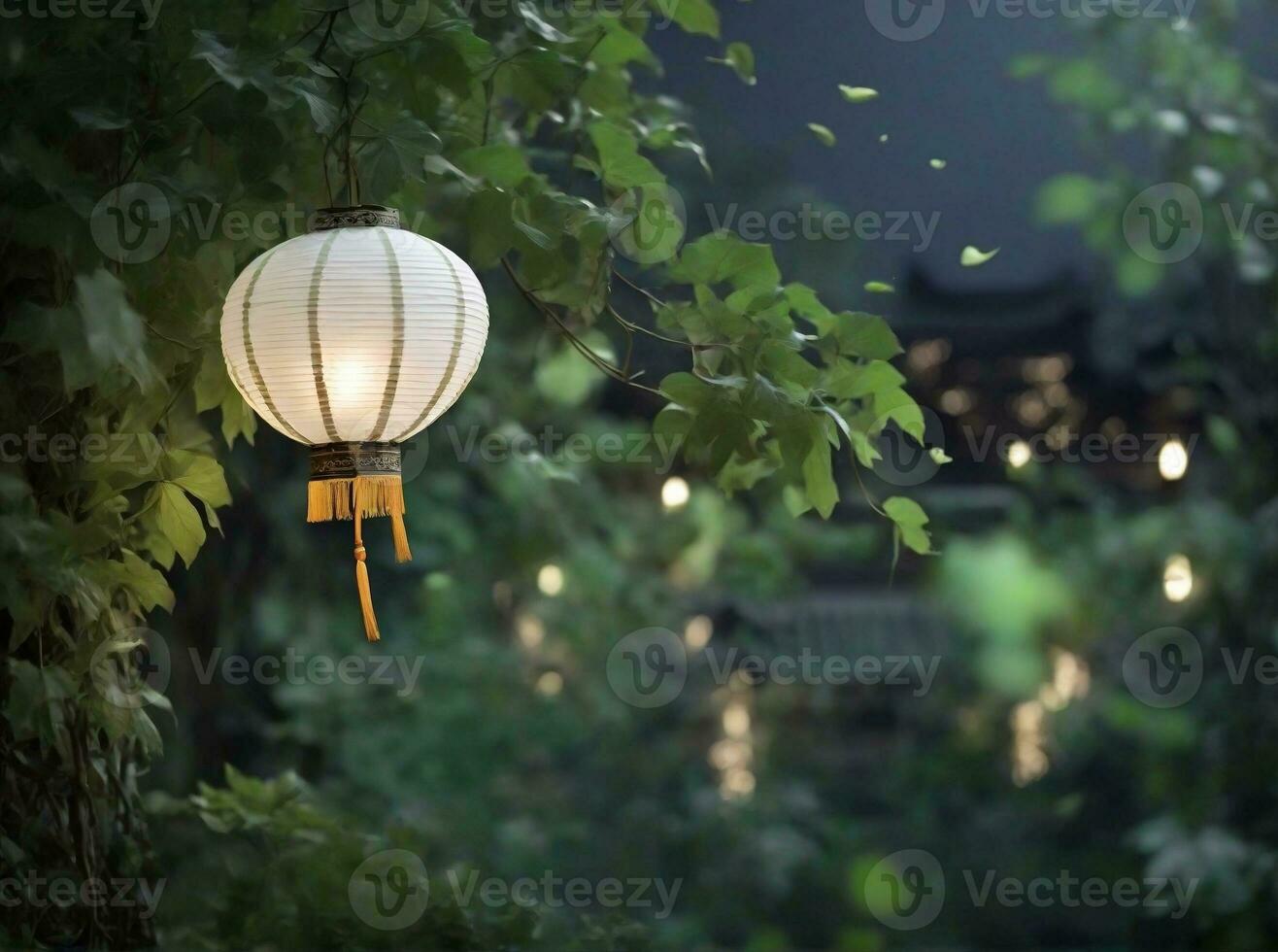 ai généré blanc chinois atterrissage lanterne la gauche côté sur le vert feuille dans nuit vue arrière-plans photo