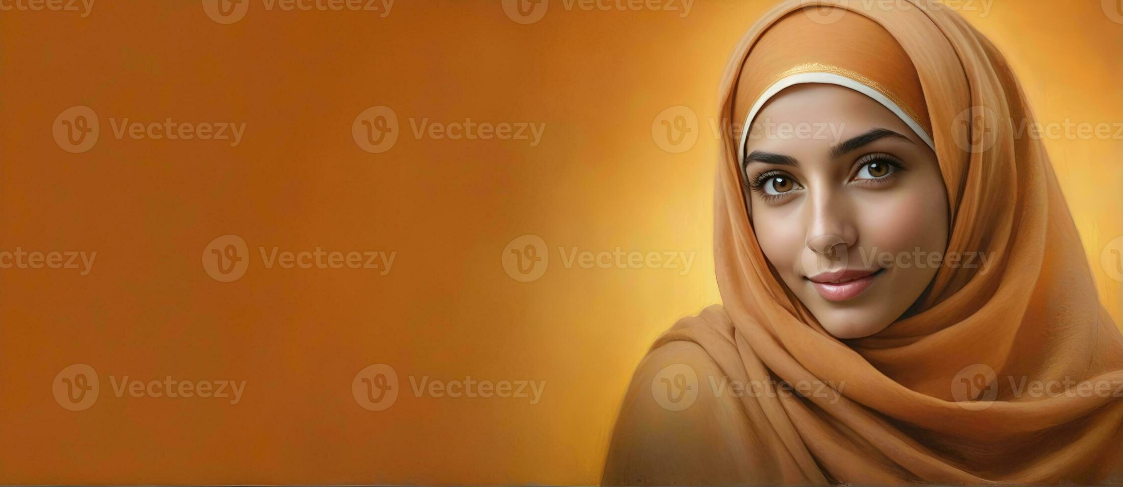 ai généré magnifique musulman femme souriant et en riant portant une hijab et décoré châle photo