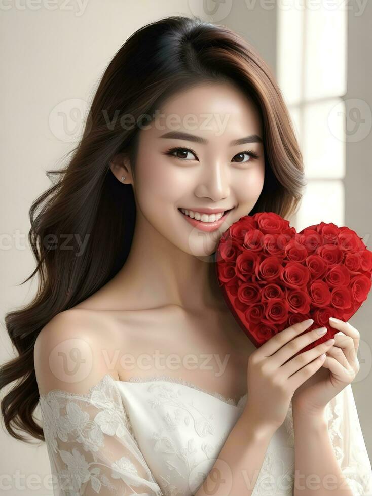 ai généré fête pour la Saint-Valentin journée avec magnifique Jeune femme détient une rouge cœur dans sa mains photo
