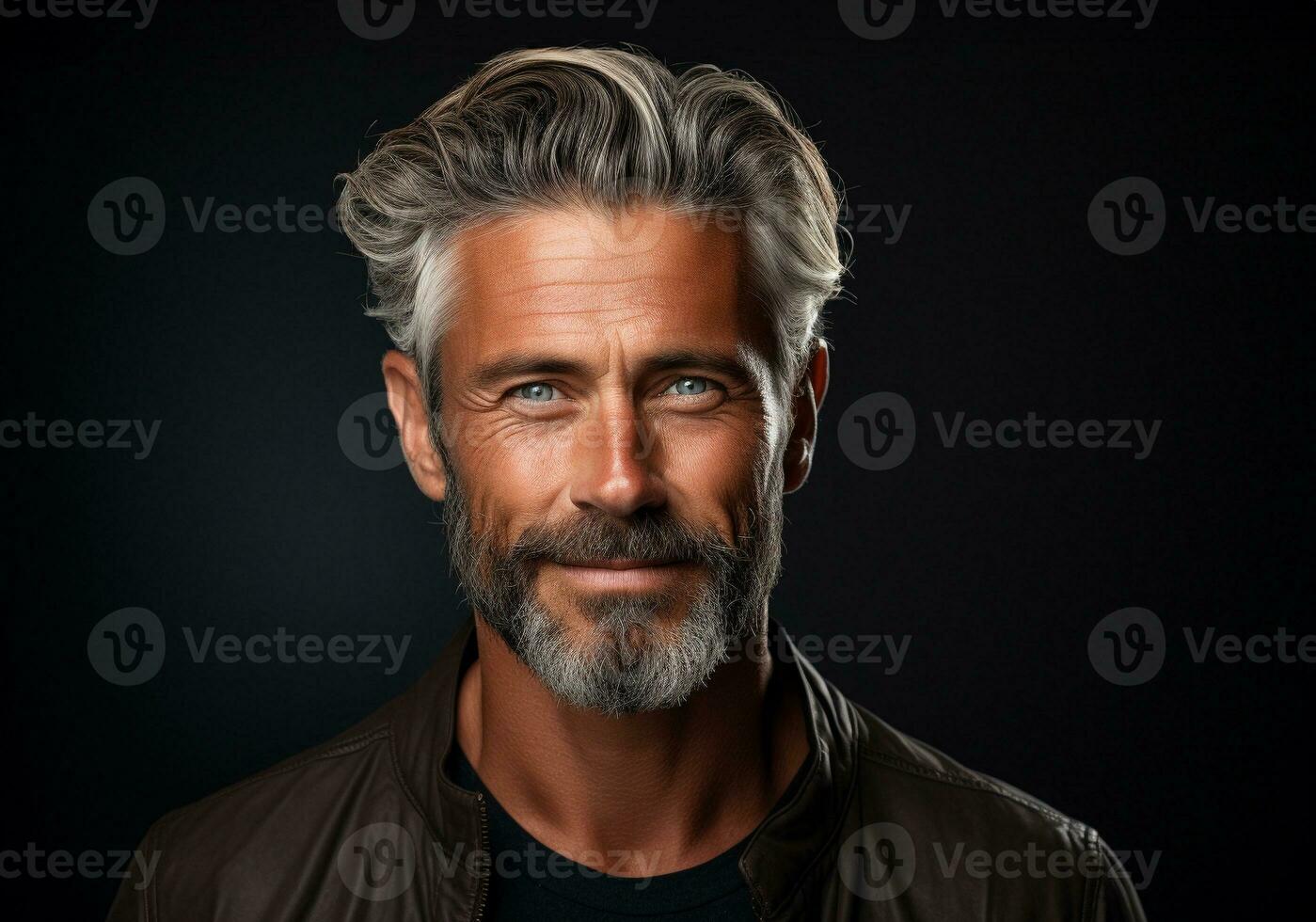 ai généré une proche en haut photo portrait de une Beau vieux mature homme souriant. gars avec Frais élégant cheveux et barbe avec fort mâchoire sur noir Contexte. génératif ai.