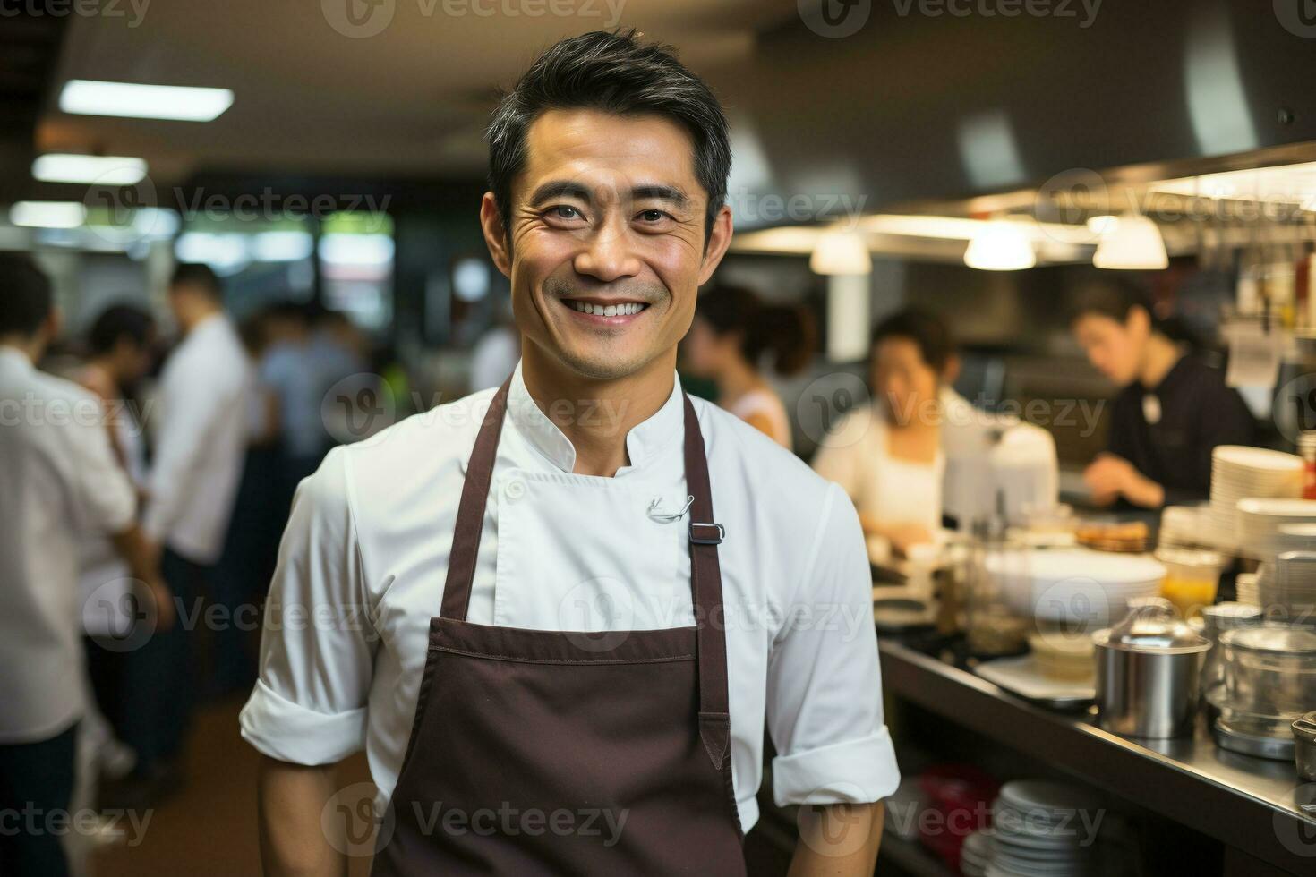 ai généré content chef asiatique homme de une gros restaurant dans une moderne cuisine. génératif ai. photo